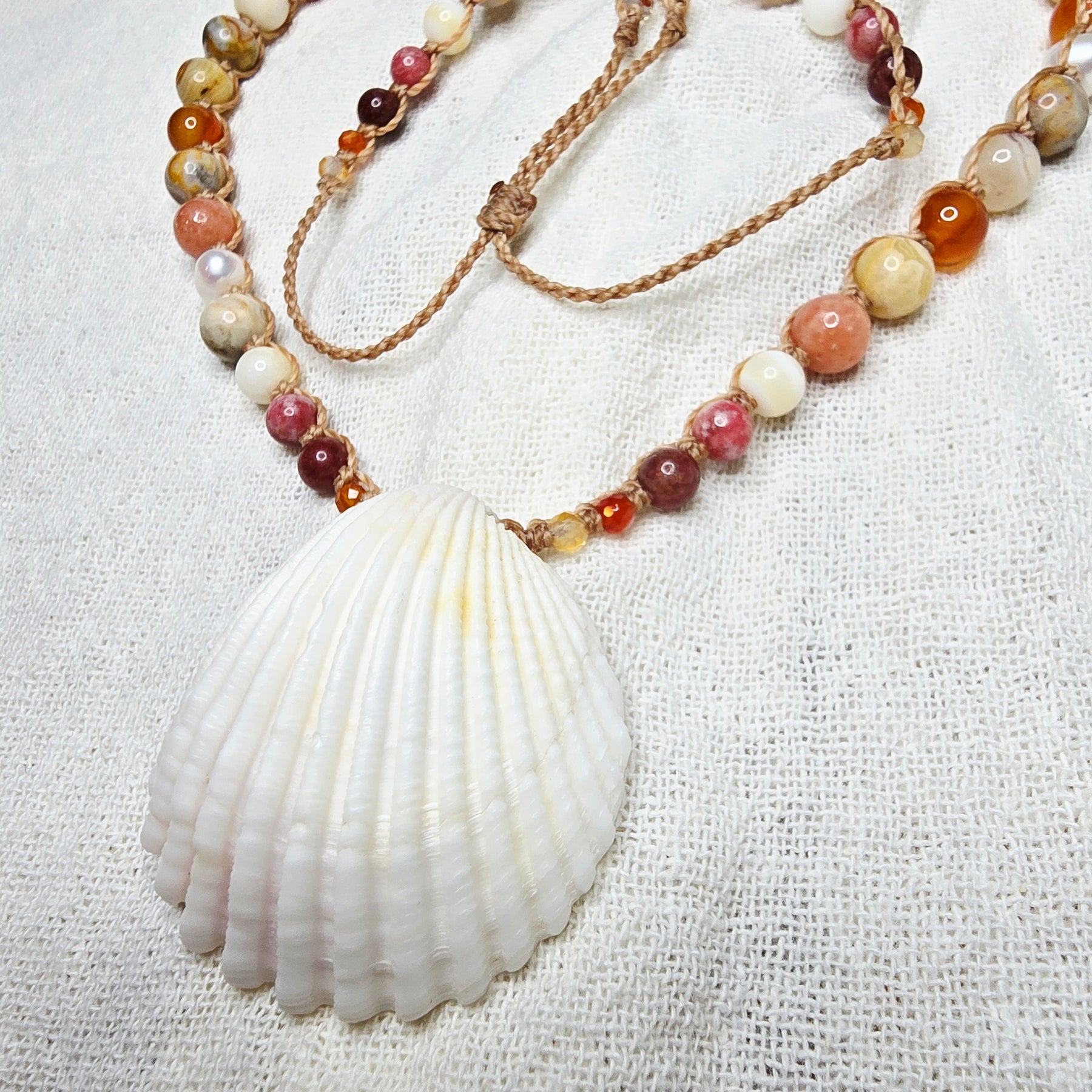 Cockle Shell Necklace Adjustable with Pearls and Gemstones