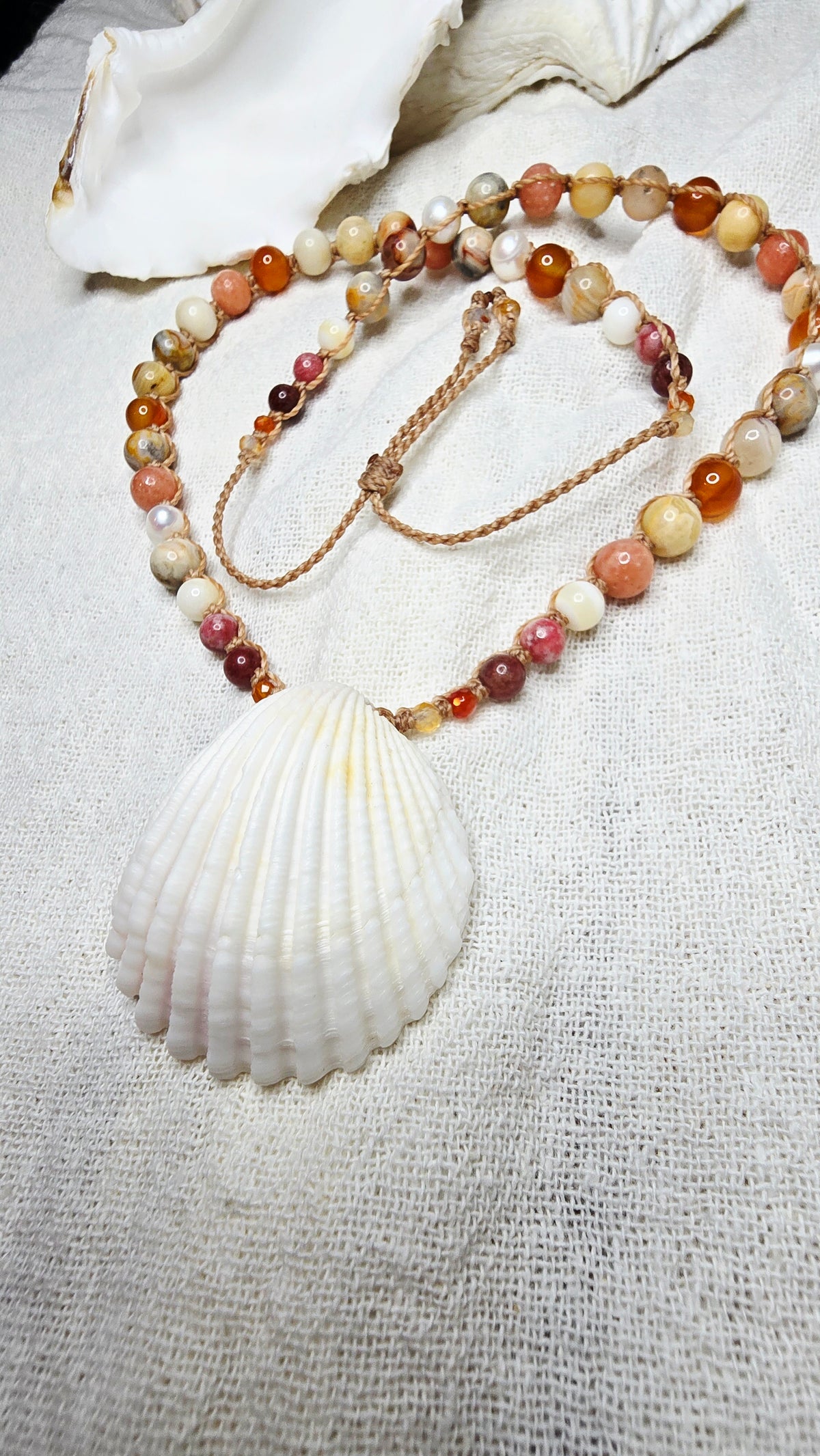 Cockle Shell Necklace Adjustable with Pearls and Gemstones