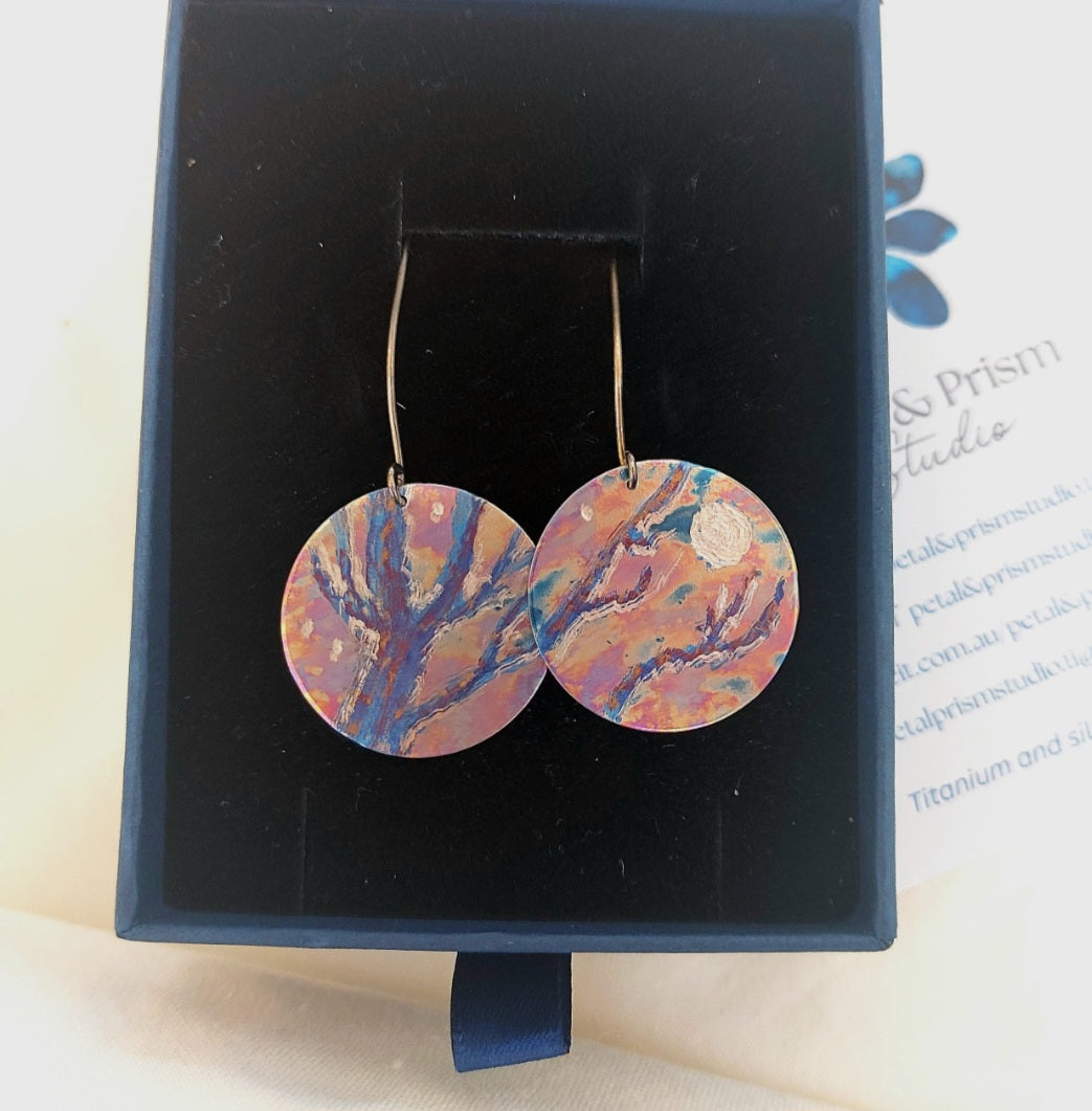 Titanium Disc Earrings Engraved Design- Winter Night