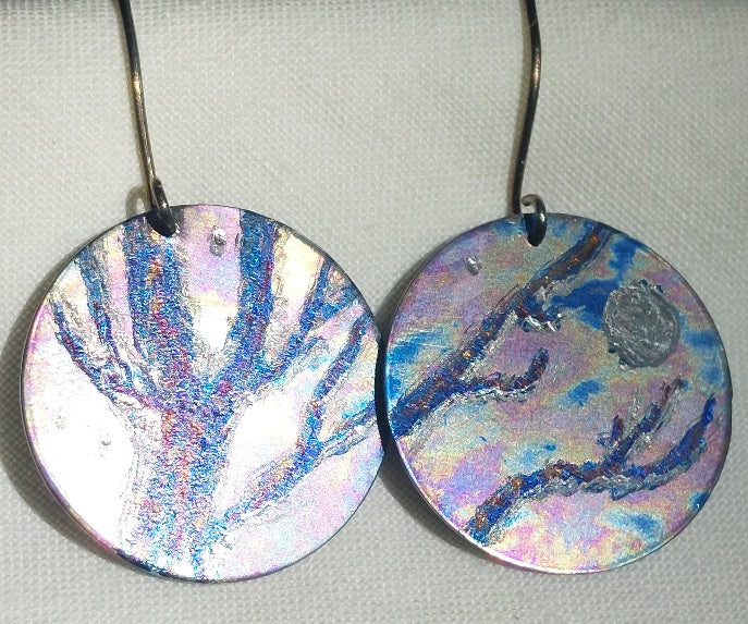 Titanium Disc Earrings Engraved Design- Winter Night