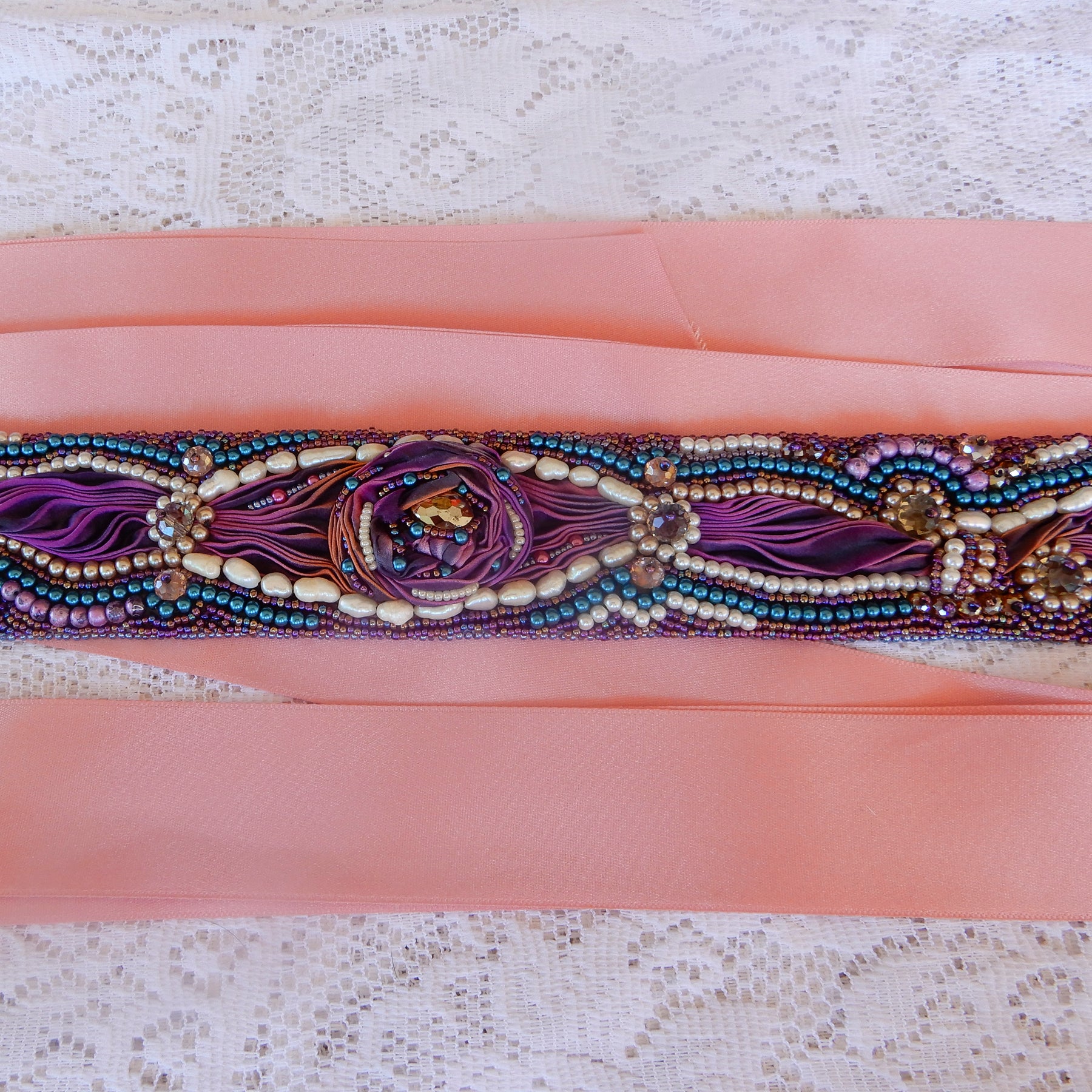 Bead Embroidered Bridal Sash Belt in Mostly Purple