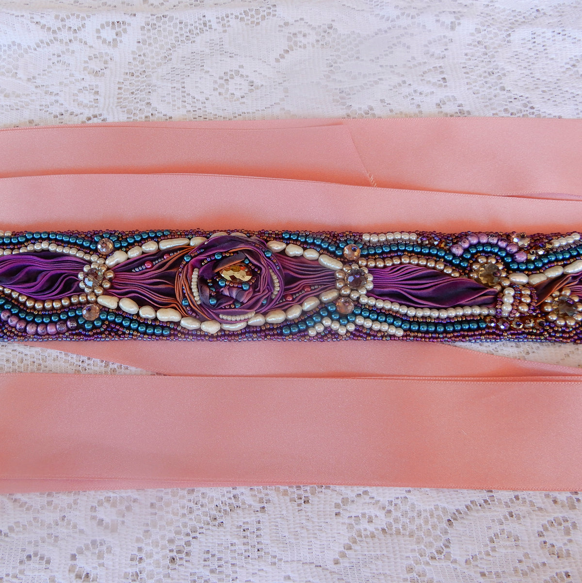 Bead Embroidered Bridal Sash Belt in Mostly Purple