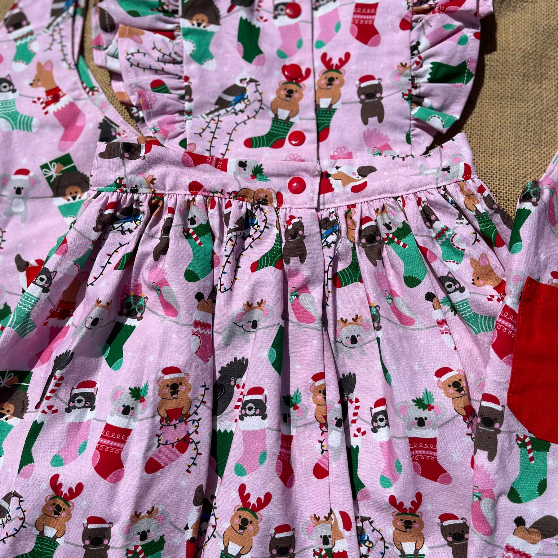 Christmas Pinafore Dress | Handmade Toddler Girls Outfit | Aussie Animals in Stockings