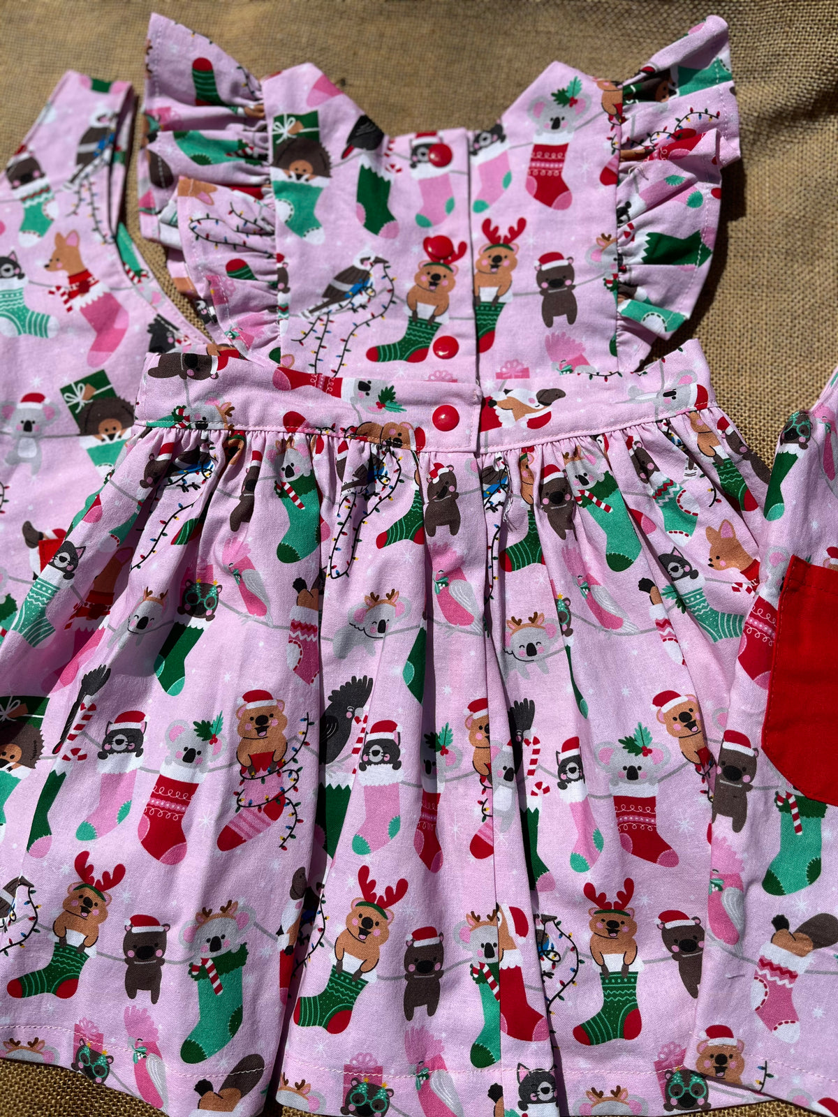 Christmas Pinafore Dress | Handmade Toddler Girls Outfit | Aussie Animals in Stockings