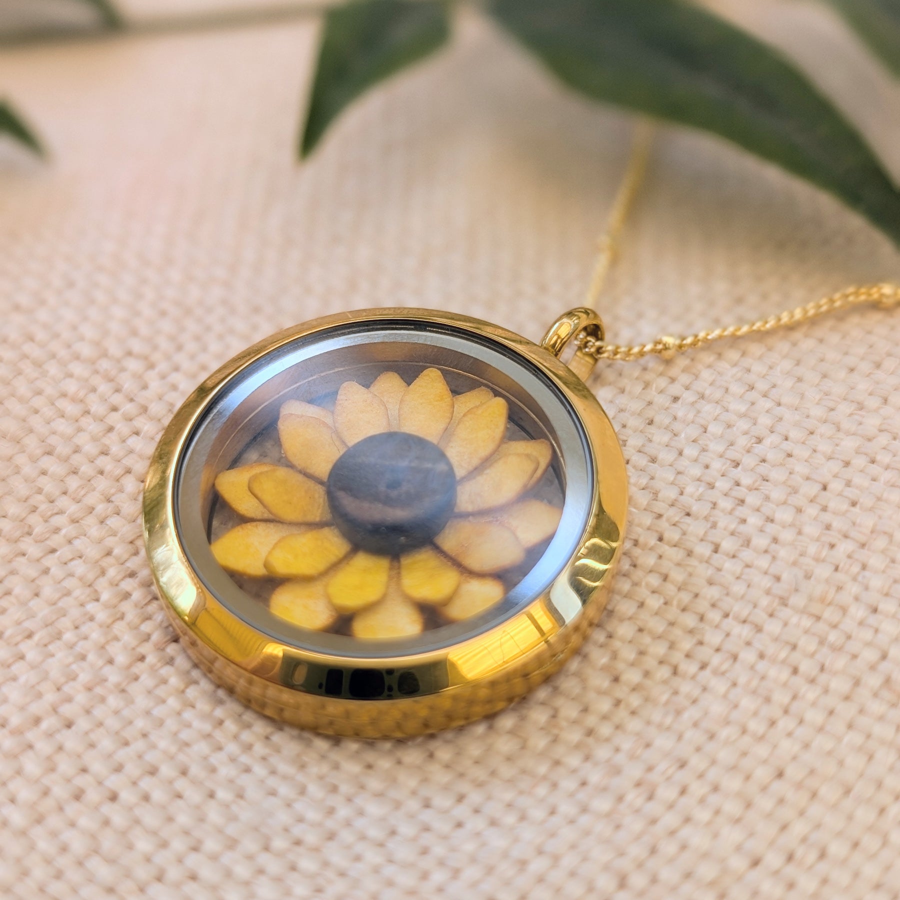 Sunflower Necklace | Handmade Paper Flower Floating Locket | Gold-Plated Chain