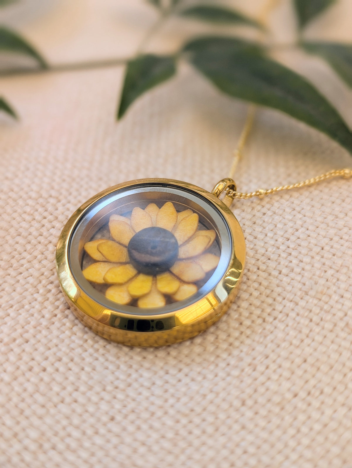Sunflower Necklace | Handmade Paper Flower Floating Locket | Gold-Plated Chain