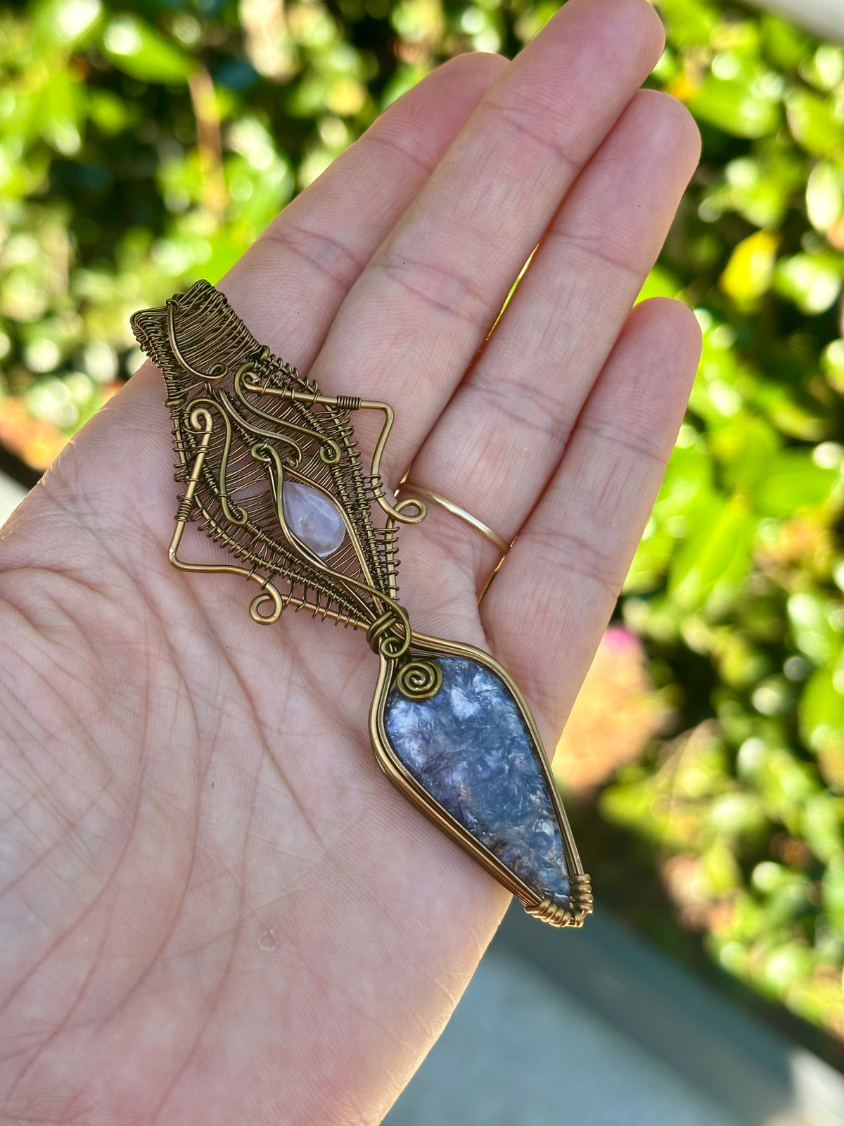Rose Quartz Lepidolite Crystal pendant copper wire wrap