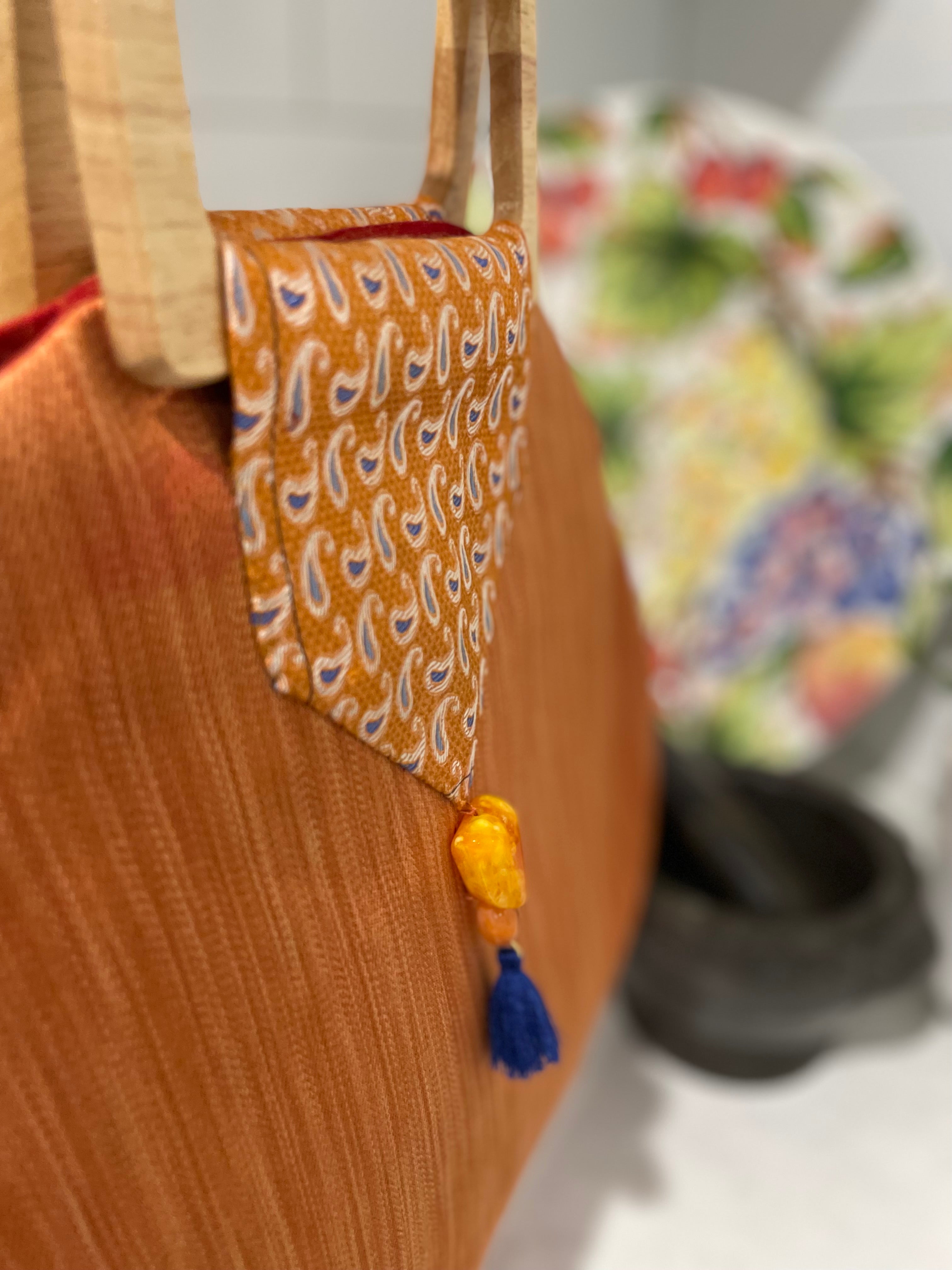 Bright Orange Upcycled Wooden‑Handle Bag