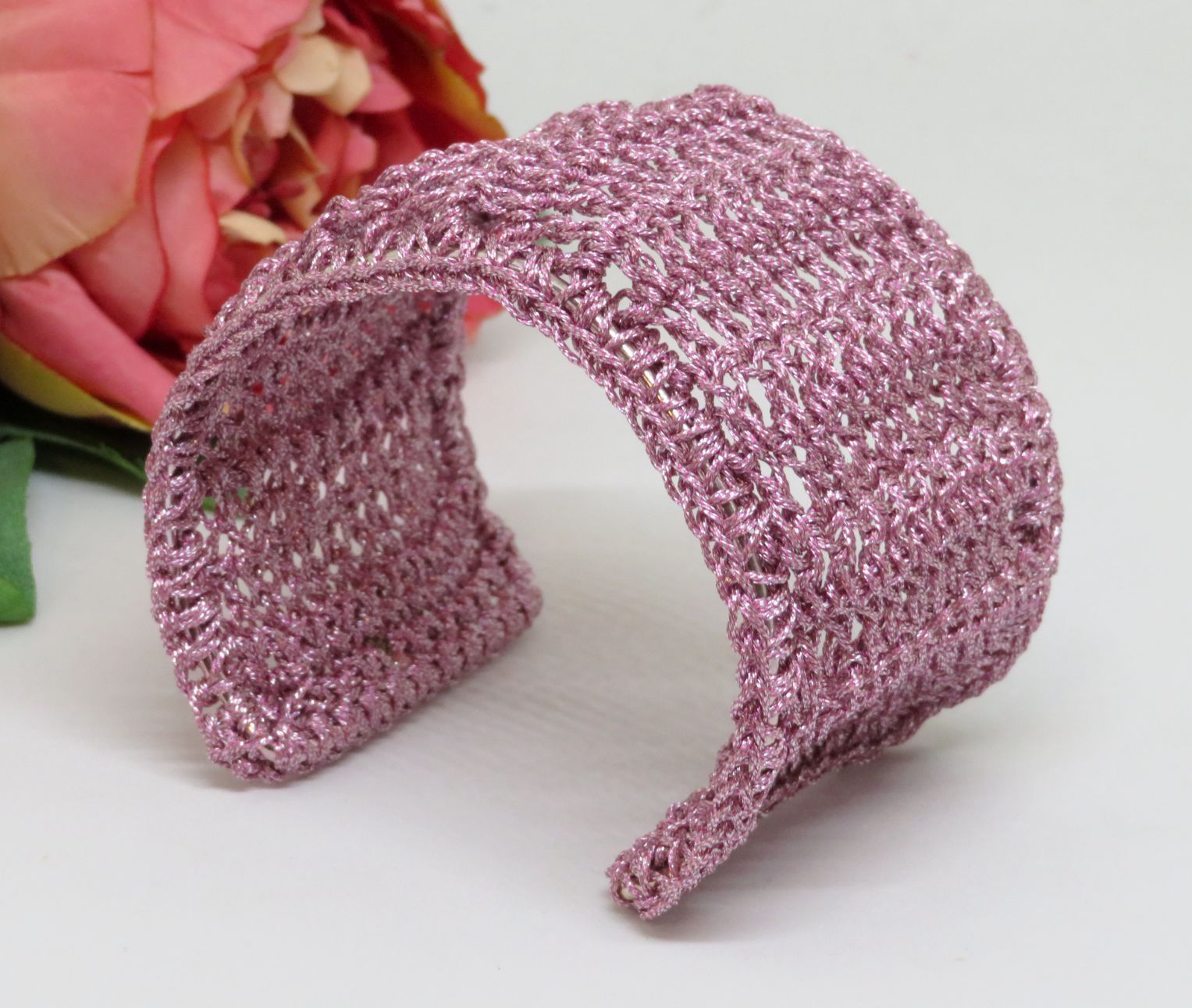 Dusty Pink Bespoke Handmade Crochet Shimmer Thread Cuff Bracelet
