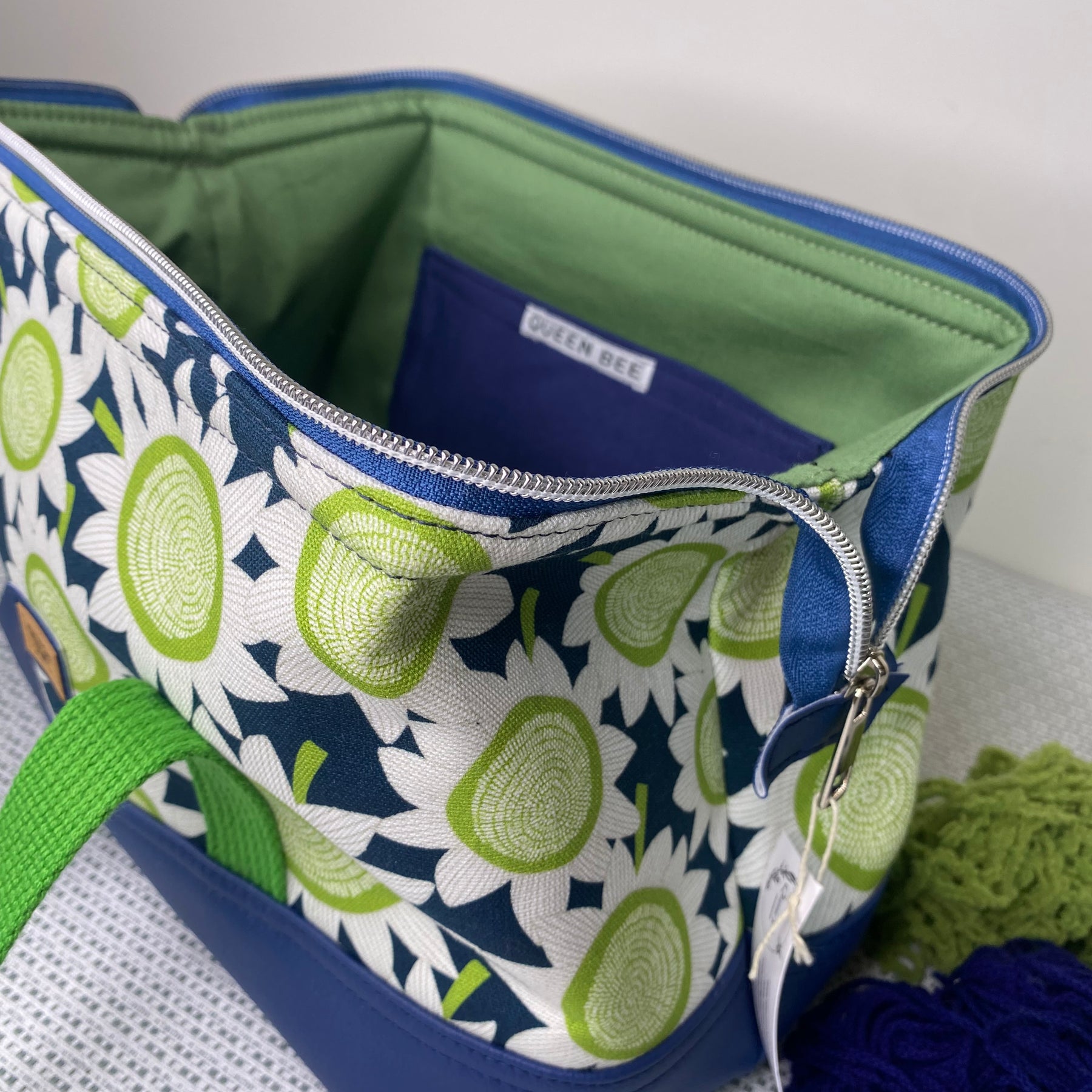 Project Bag - Green Sun Flowers on Navy with a Navy Faux Leather Base