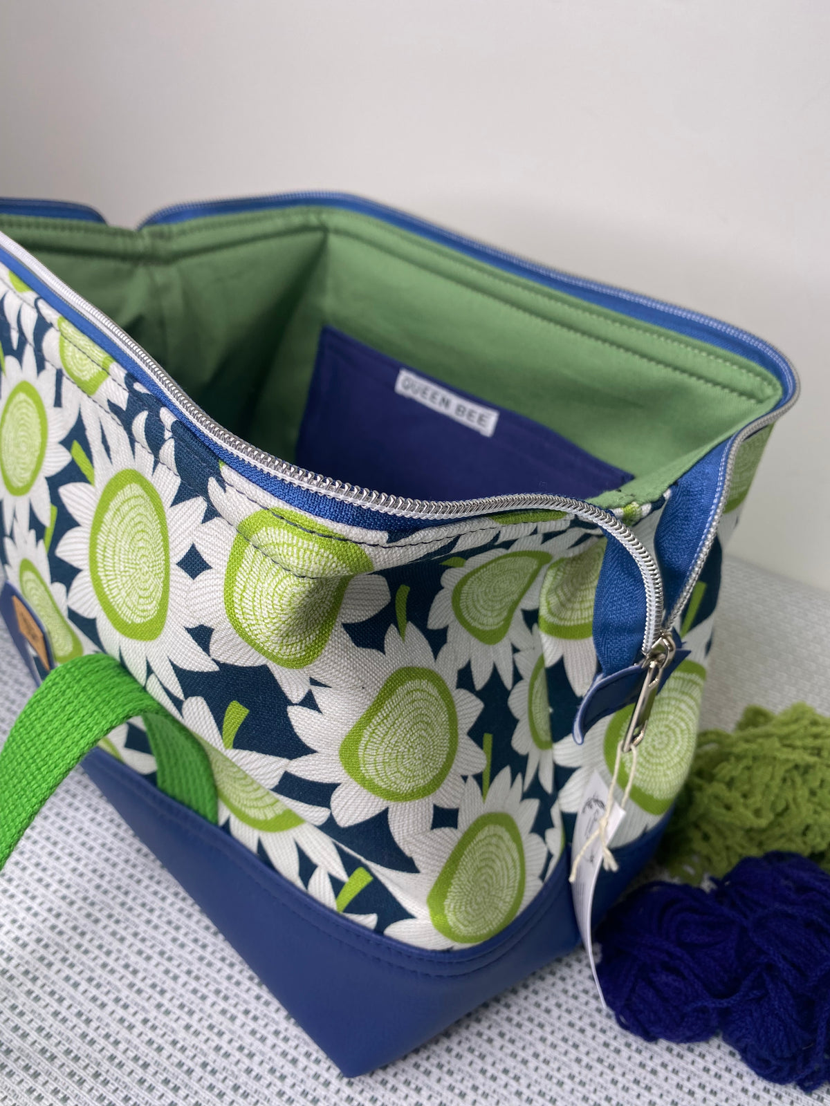 Project Bag - Green Sun Flowers on Navy with a Navy Faux Leather Base
