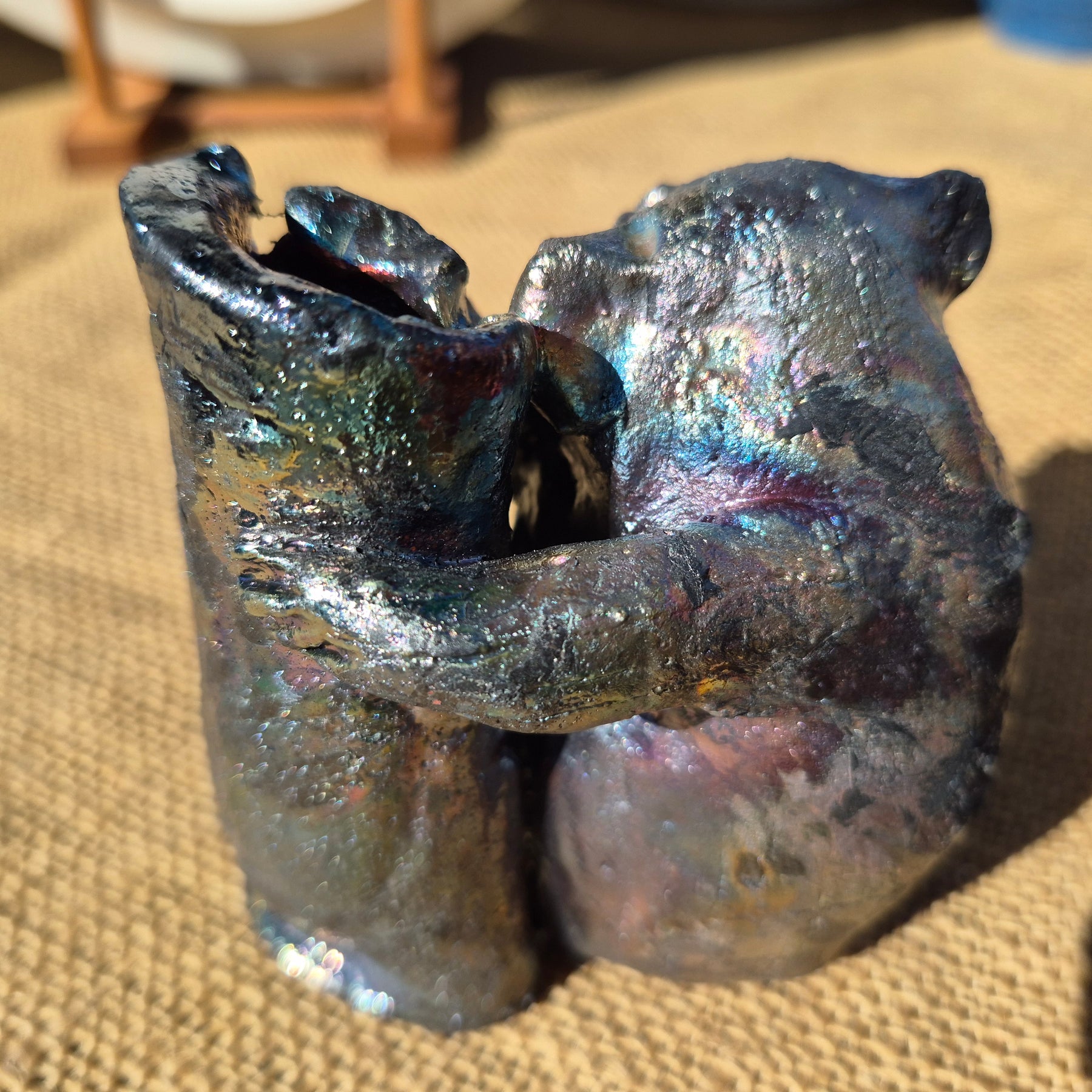 Raku Koala Sculpture: Blue Pink Silver Lustred Sculpture Poking Out His Tongue