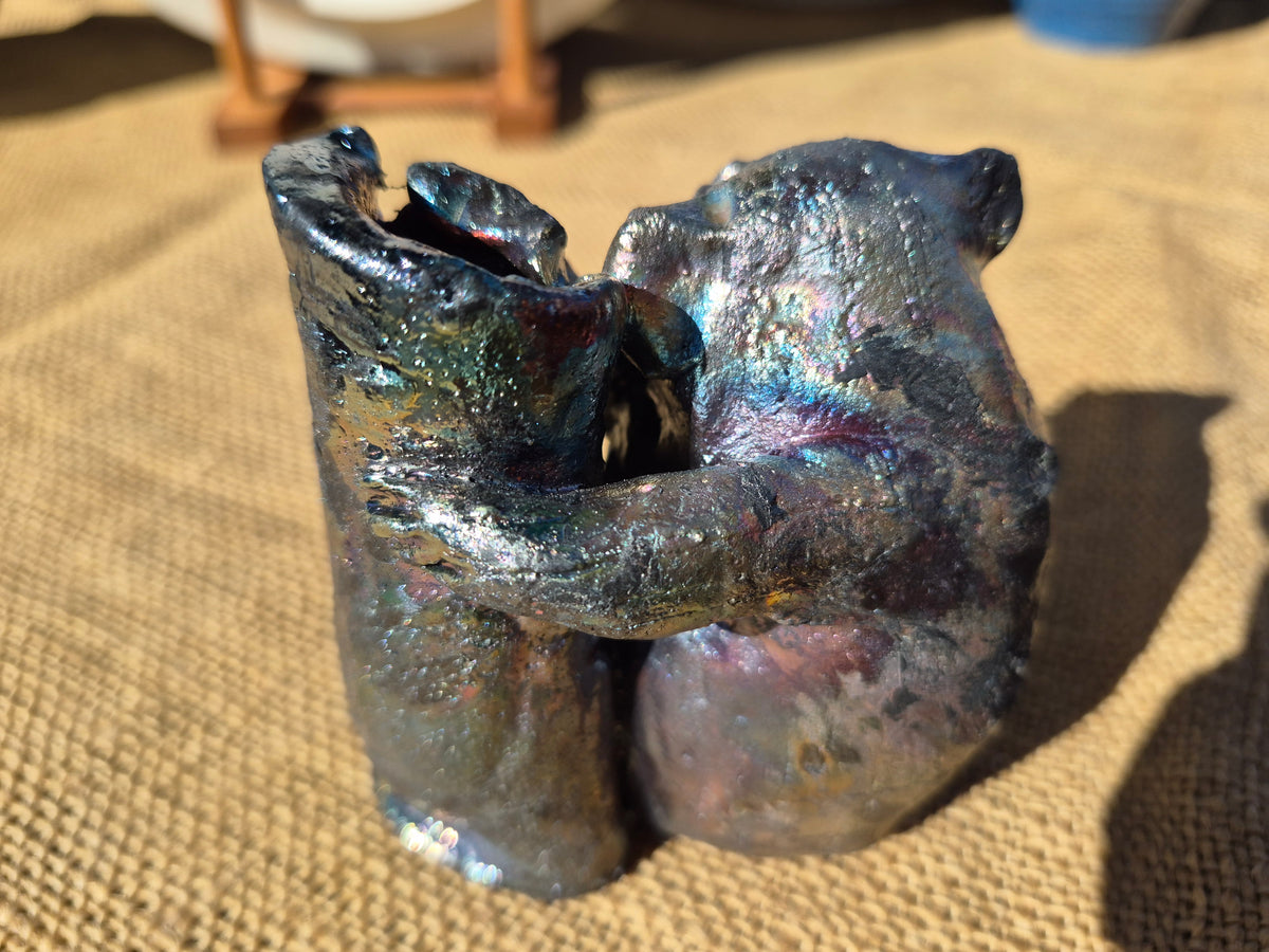 Raku Koala Sculpture: Blue Pink Silver Lustred Sculpture Poking Out His Tongue