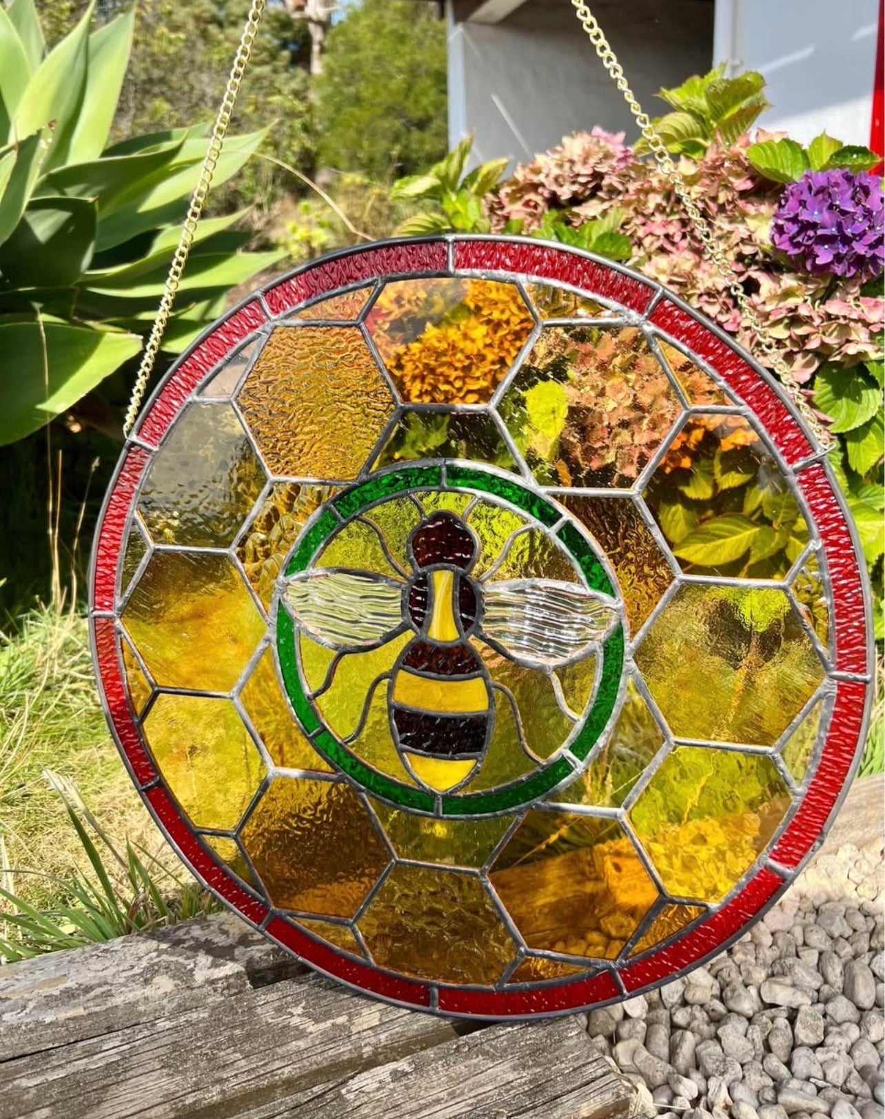 Honey bee stained glass panel