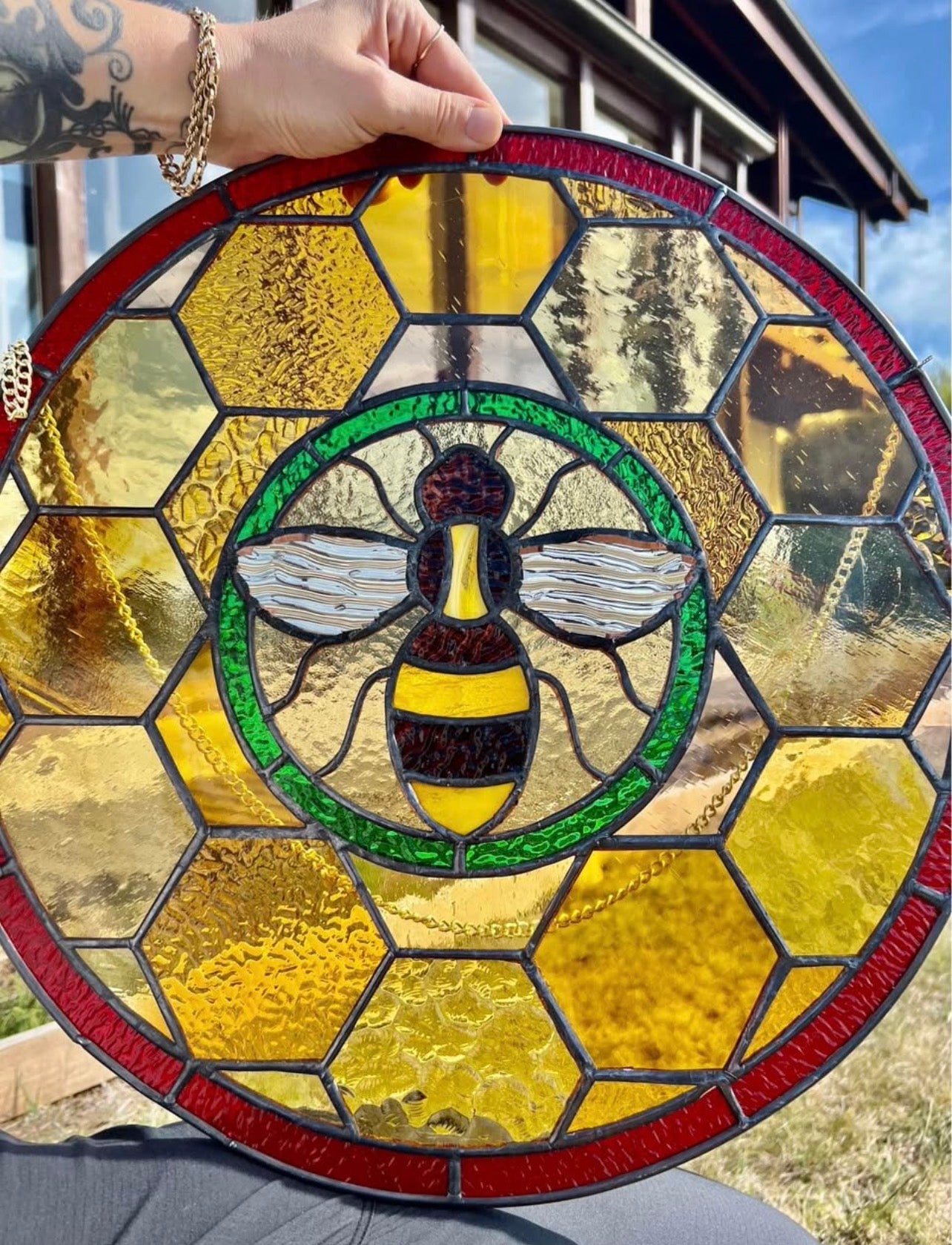 Honey bee stained glass panel