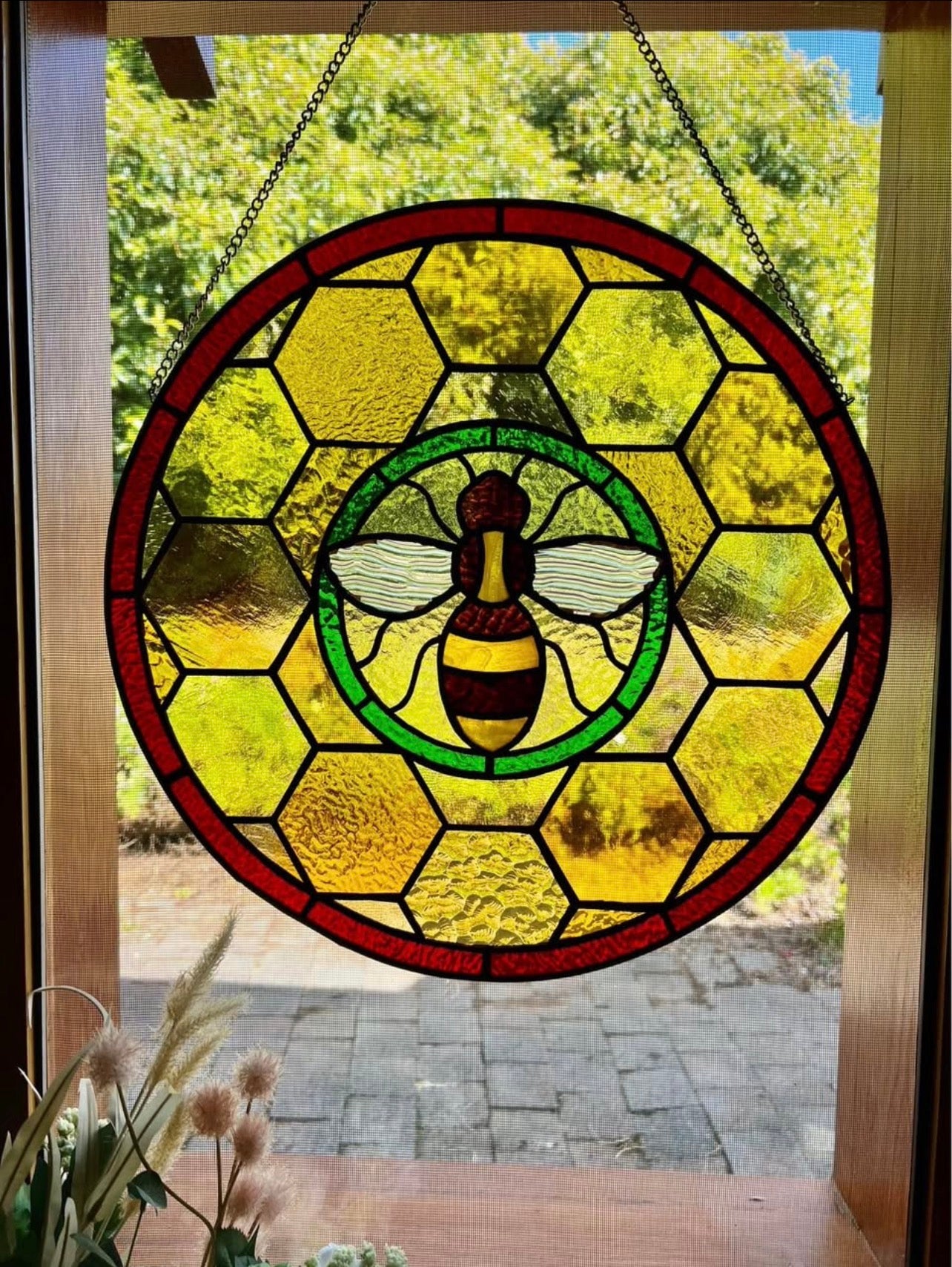 Honey bee stained glass panel