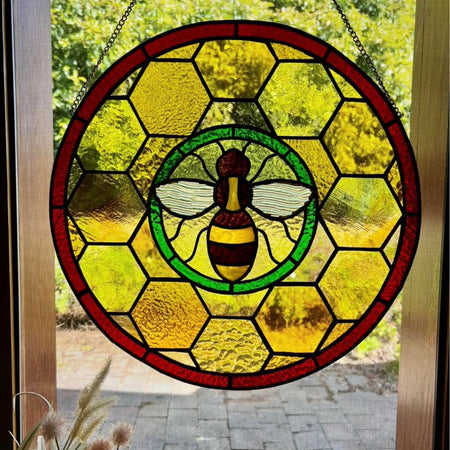 Honey bee stained glass panel
