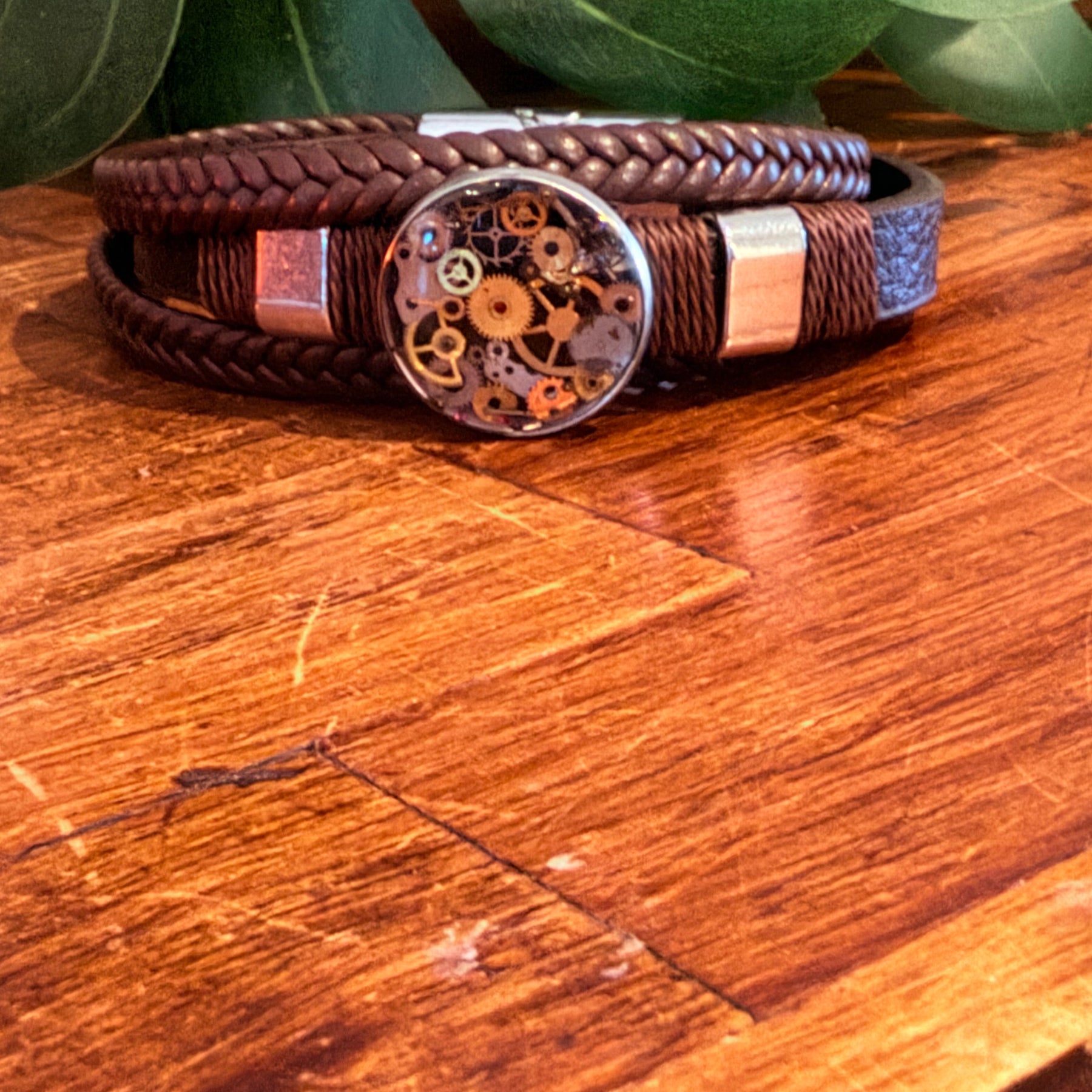 Steampunk watch parts cuff/bracelet brown leather