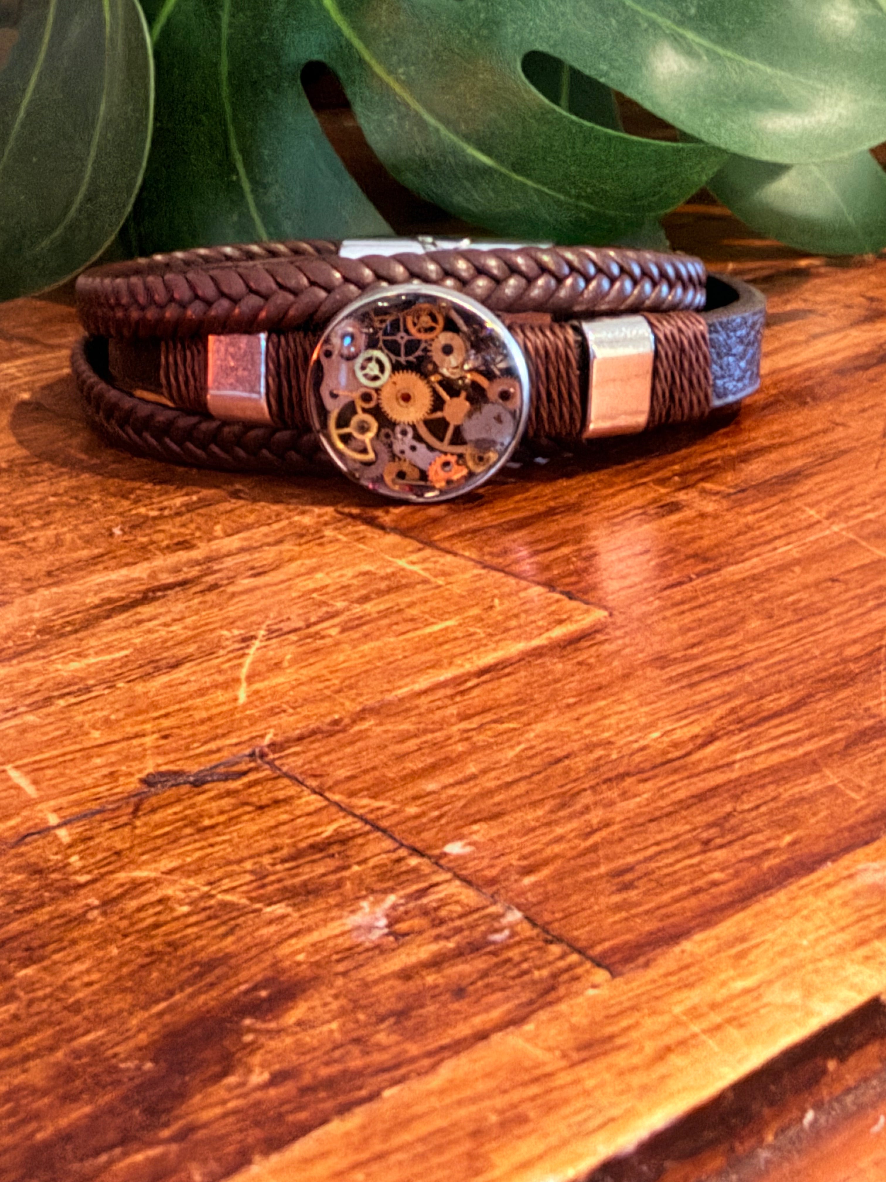 Steampunk watch parts cuff/bracelet brown leather