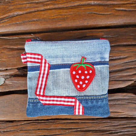 Recycled Denim Flat Strawberry Zipper Pouch