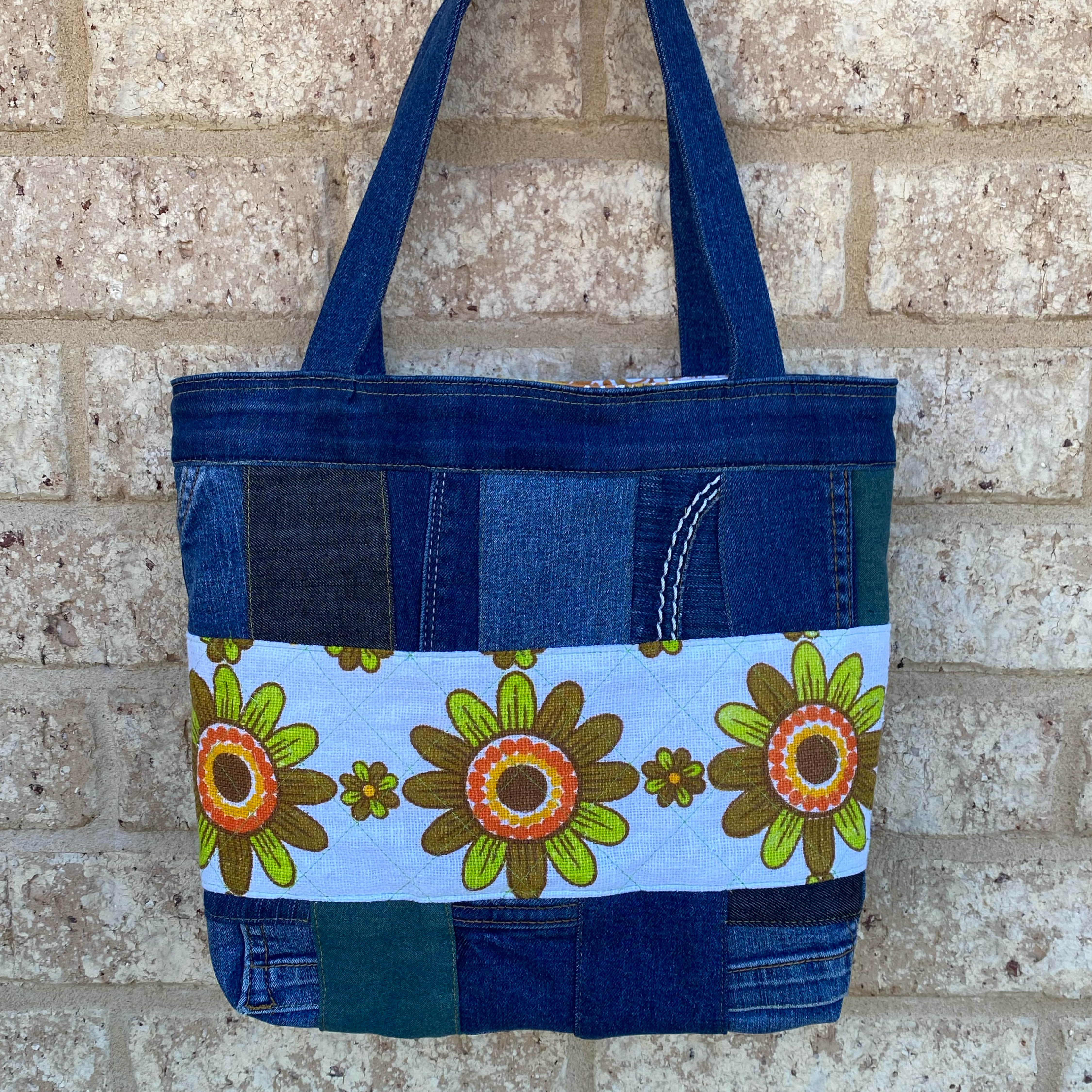 Reloved Petals Handmade Tote Bag Upcycled Vintage Fabrics & Denim