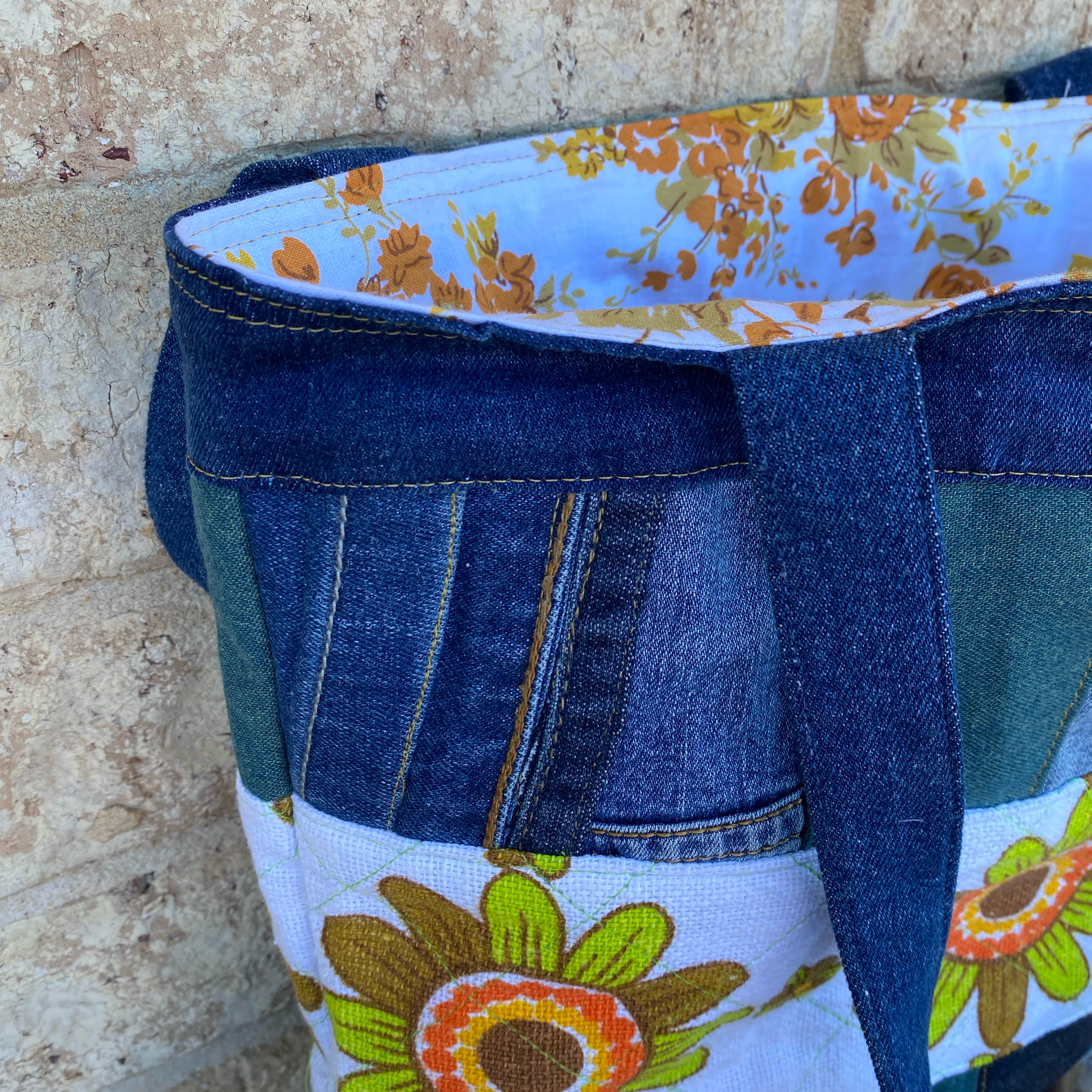Reloved Petals Handmade Tote Bag Upcycled Vintage Fabrics & Denim