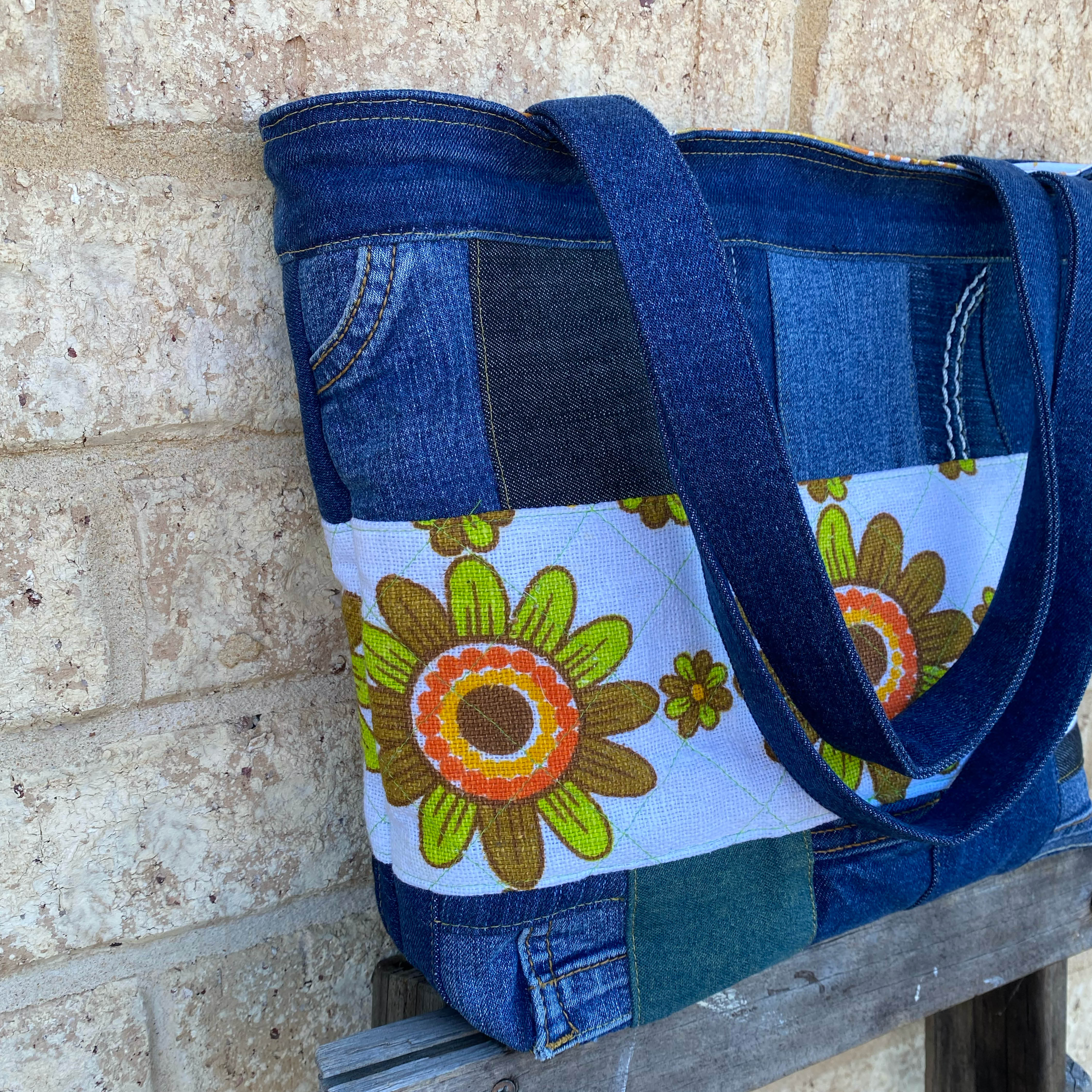 Reloved Petals Handmade Tote Bag Upcycled Vintage Fabrics & Denim