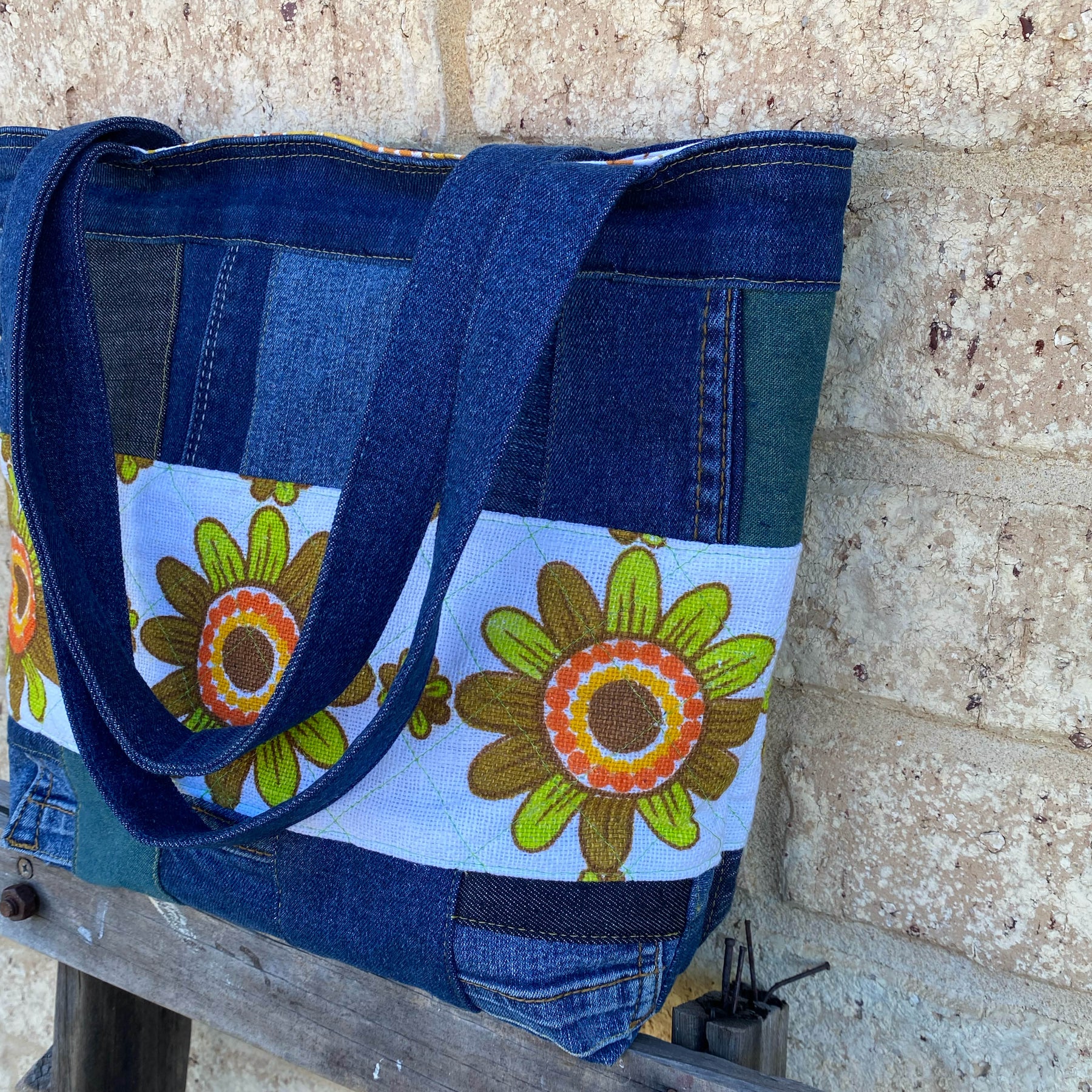 Reloved Petals Handmade Tote Bag Upcycled Vintage Fabrics & Denim