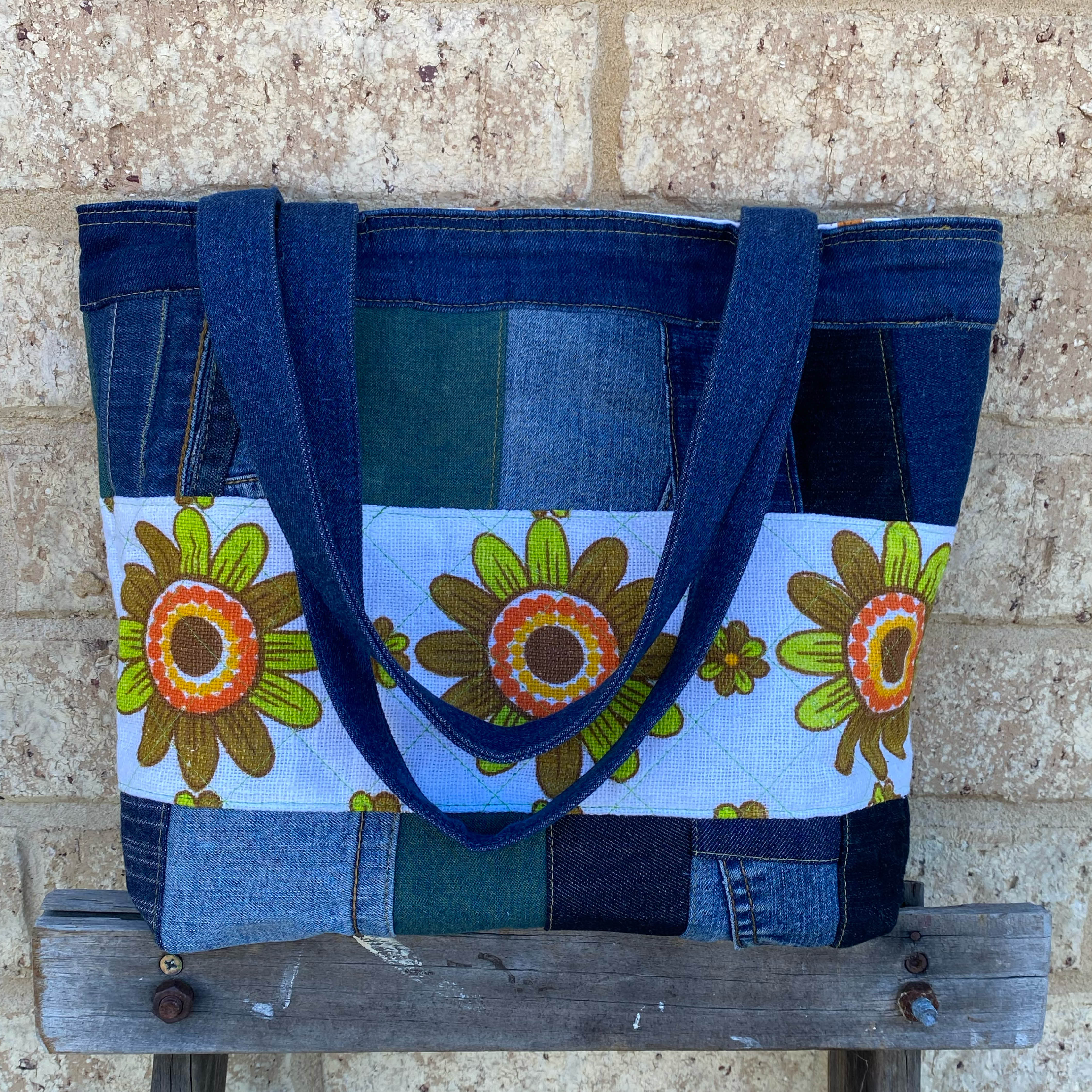 Reloved Petals Handmade Tote Bag Upcycled Vintage Fabrics & Denim