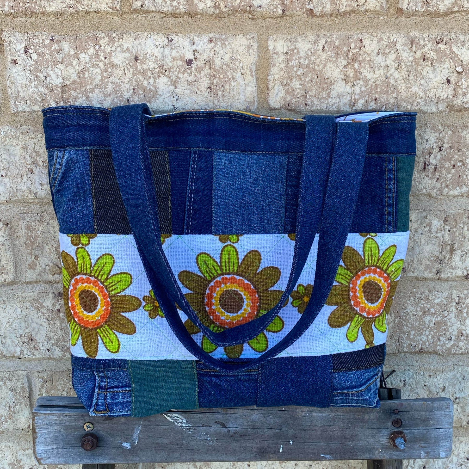 Reloved Petals Handmade Tote Bag Upcycled Vintage Fabrics & Denim