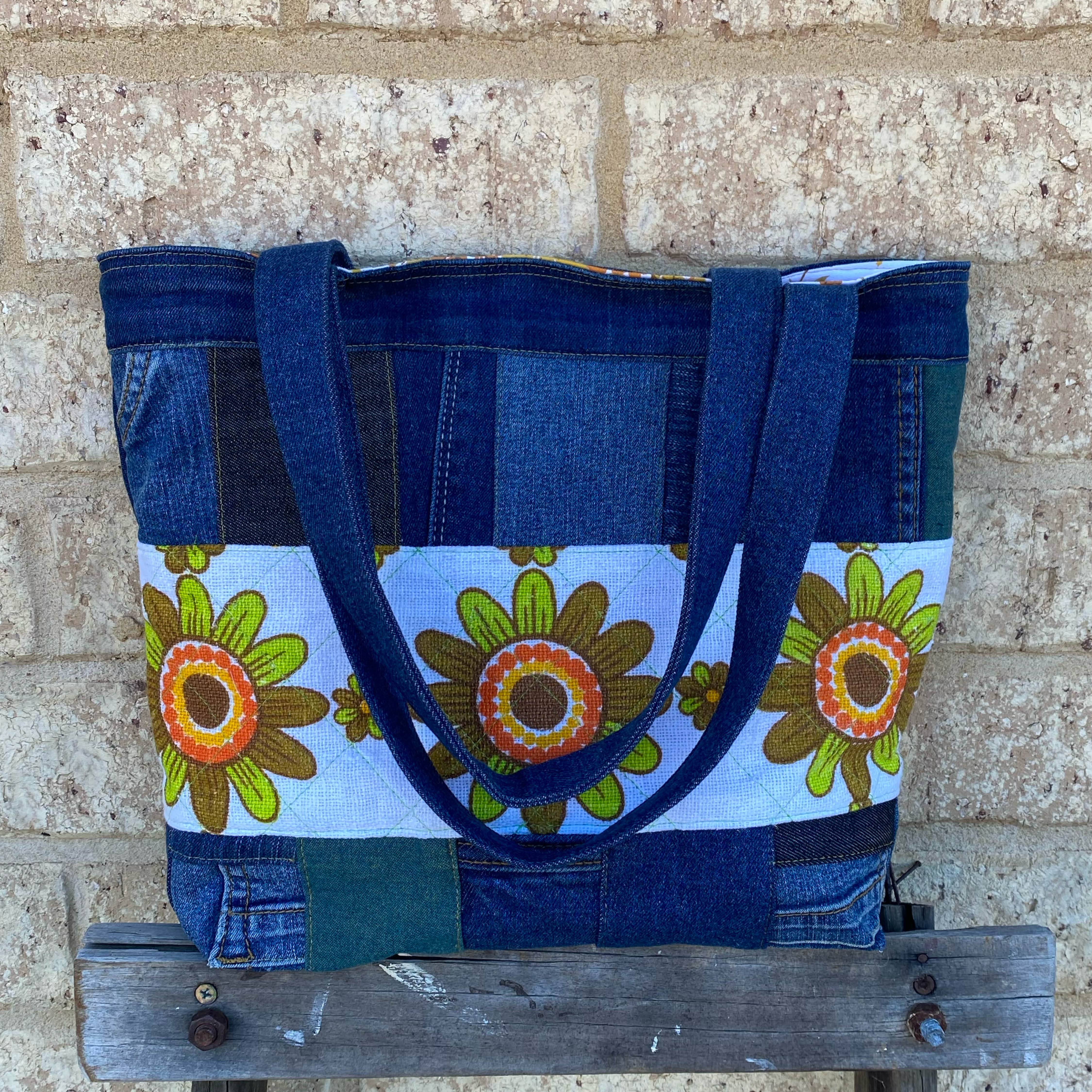 Reloved Petals Handmade Tote Bag Upcycled Vintage Fabrics & Denim