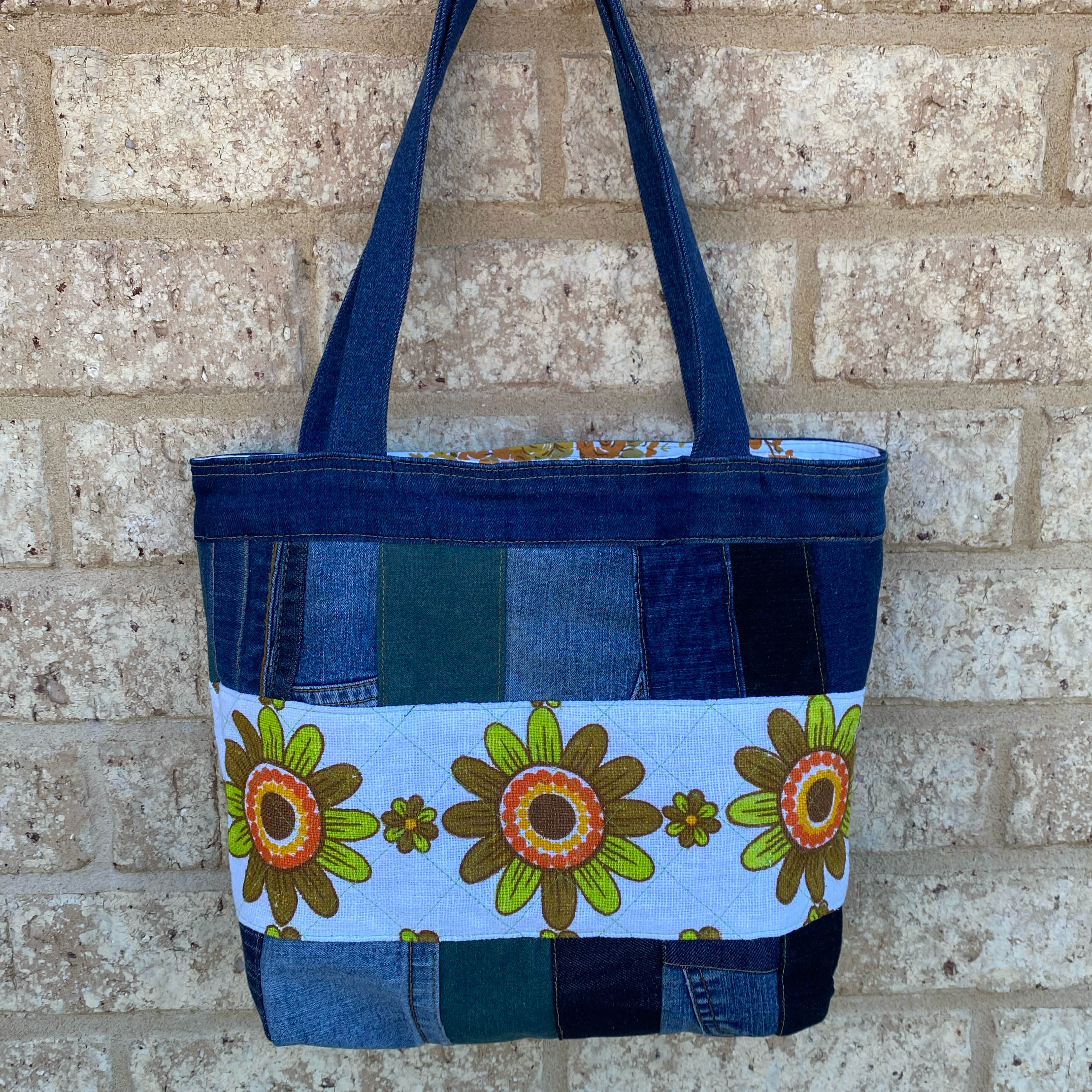 Reloved Petals Handmade Tote Bag Upcycled Vintage Fabrics & Denim