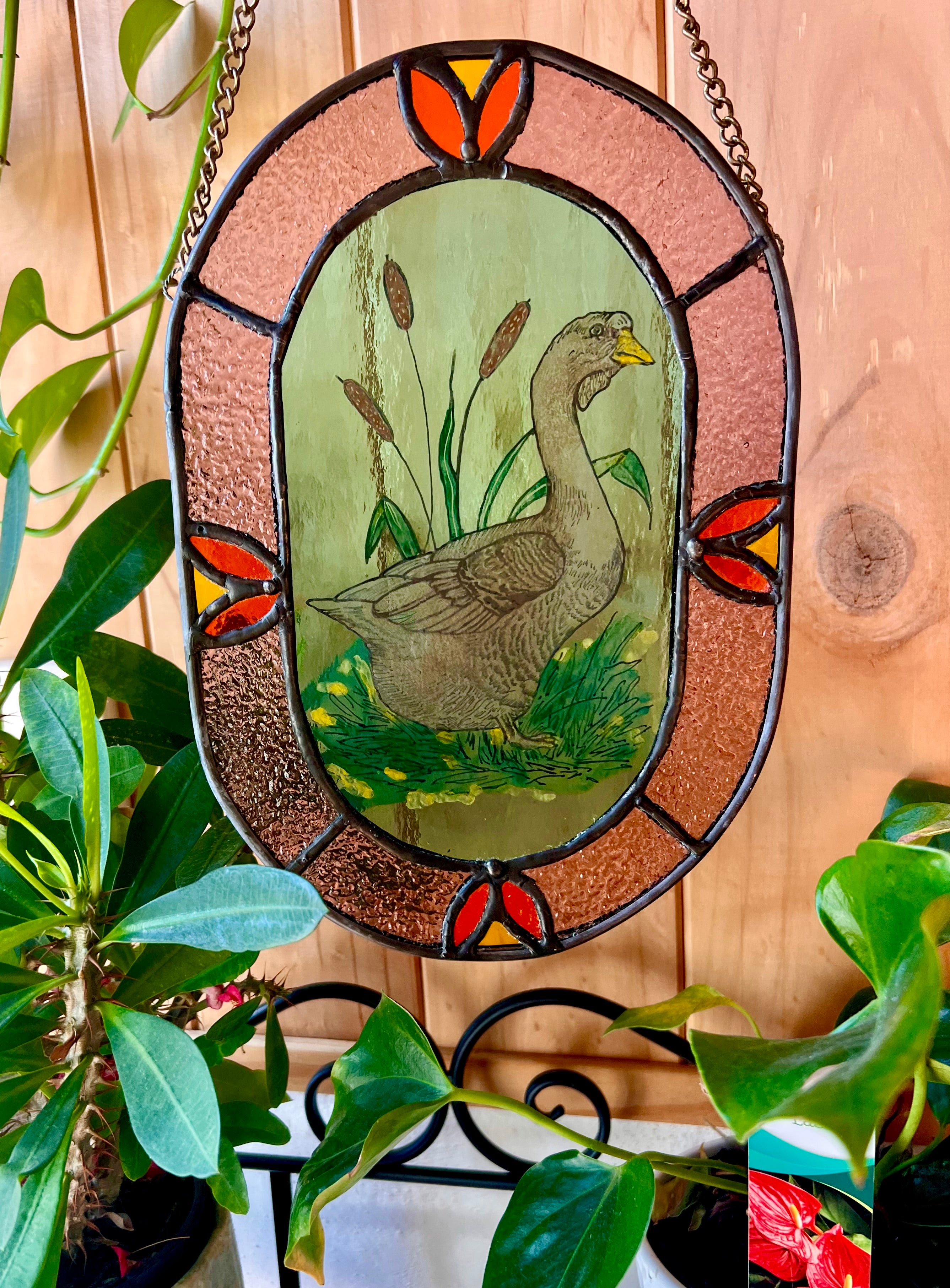 Goose stained glass panel