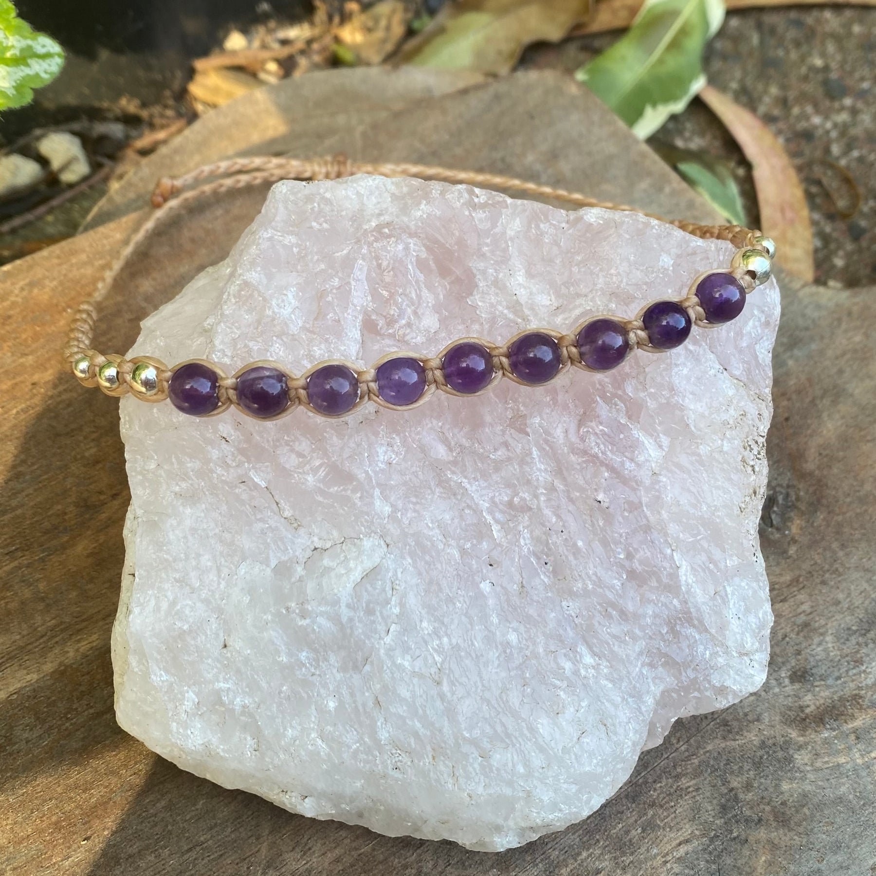 Amethyst Beaded Anklet: Macrame Adjustable Waterproof
