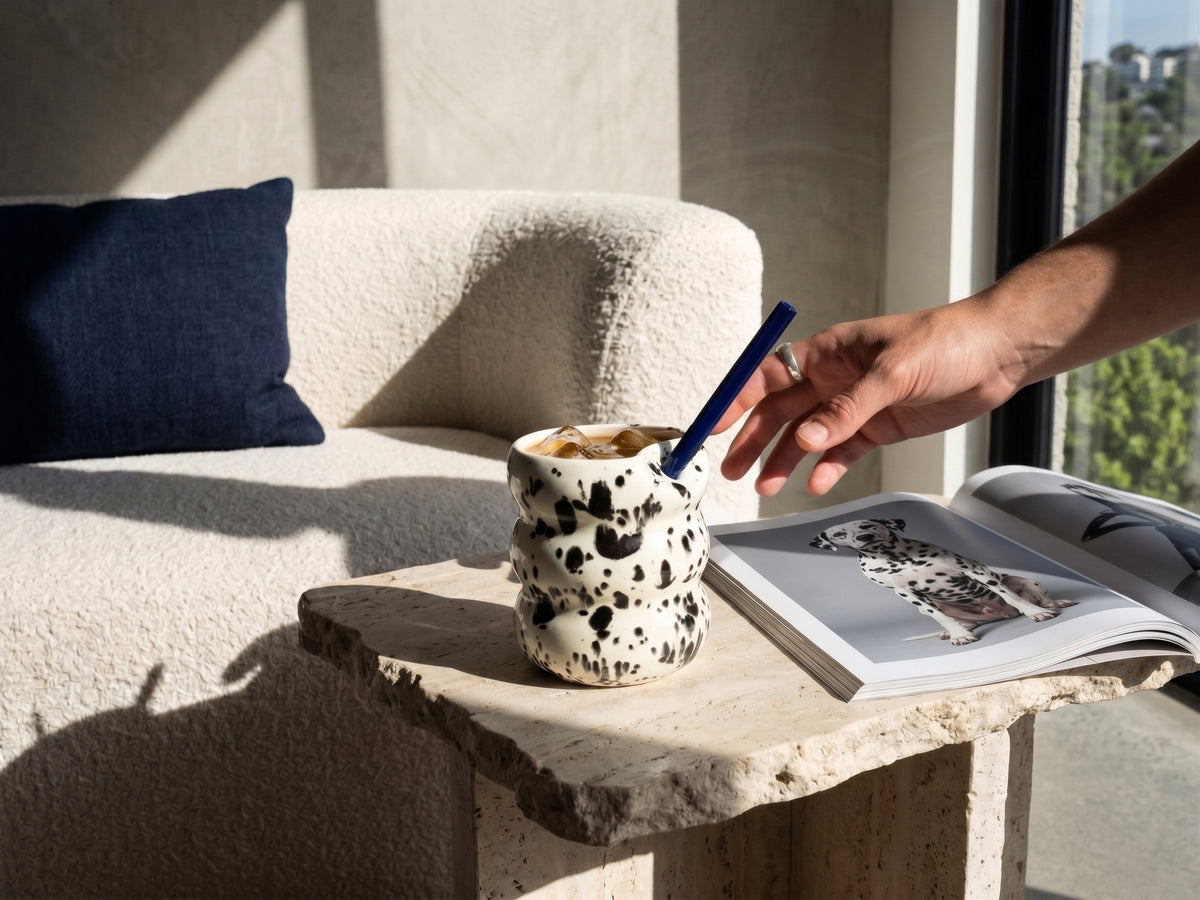 Handcrafted Porcelain Tumbler with Silicon Straw, 600mL Bubble Cup in Dalmatian Glaze