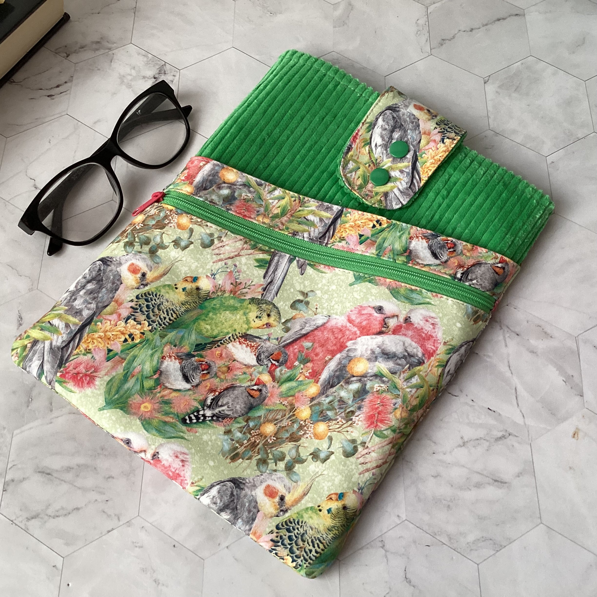 Australian Birds fabric book sleeve with 2 pockets. iPad, tablet pouch