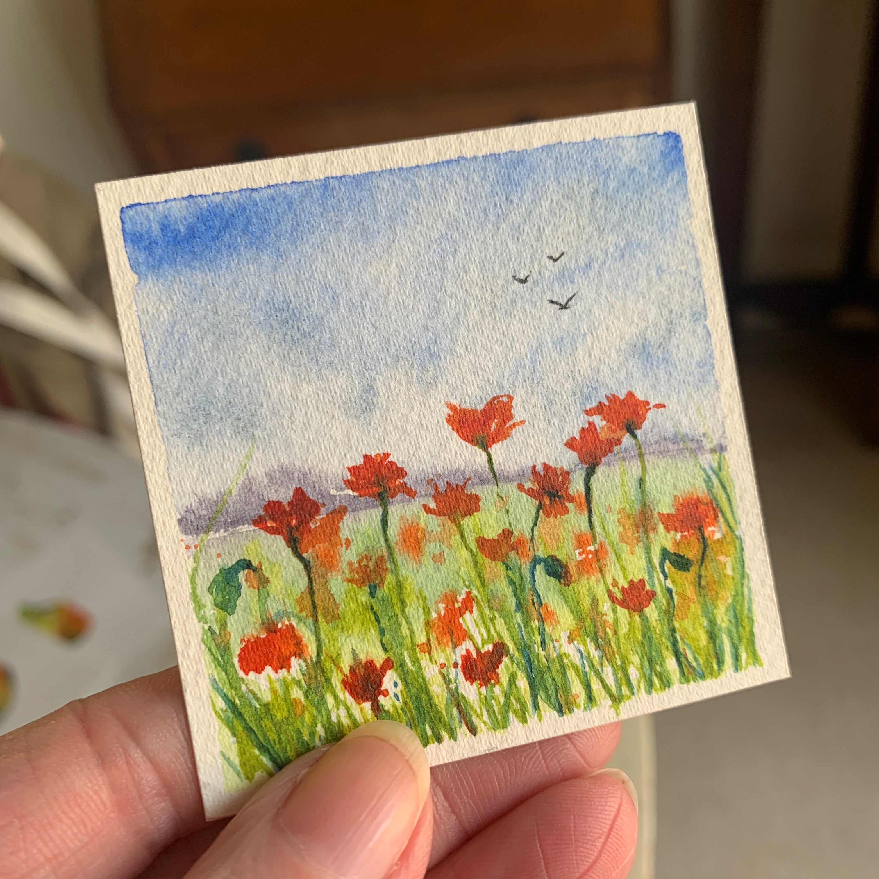 Poppy Landscape Hand-painted Watercolour Artwork - 2.5x2.5"