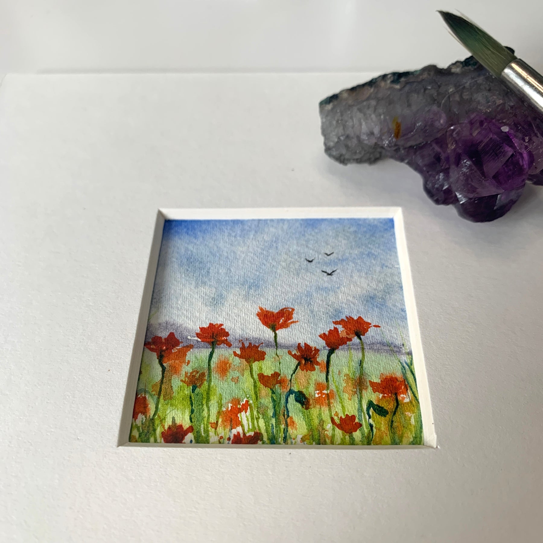 Poppy Landscape Hand-painted Watercolour Artwork - 2.5x2.5"