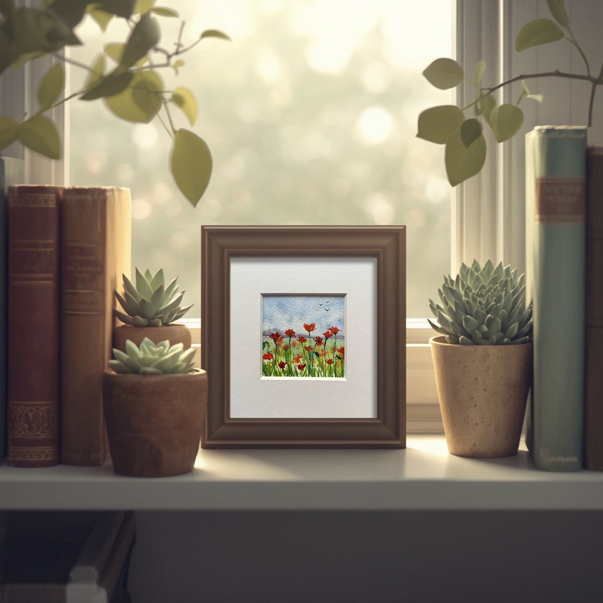 Poppy Landscape Hand-painted Watercolour Artwork - 2.5x2.5"
