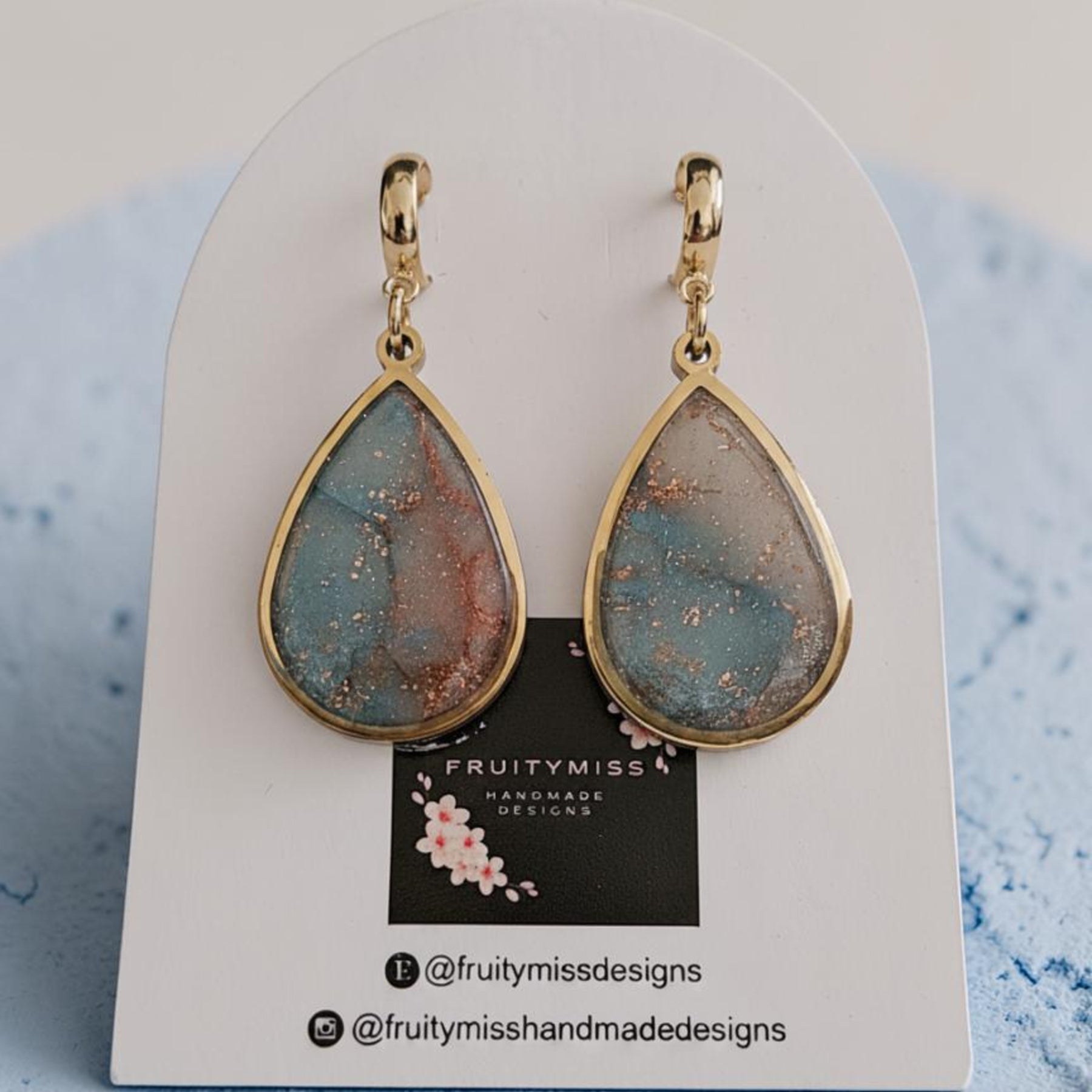 Teardrop Polymer Clay Earrings - Slate Blue and Copper