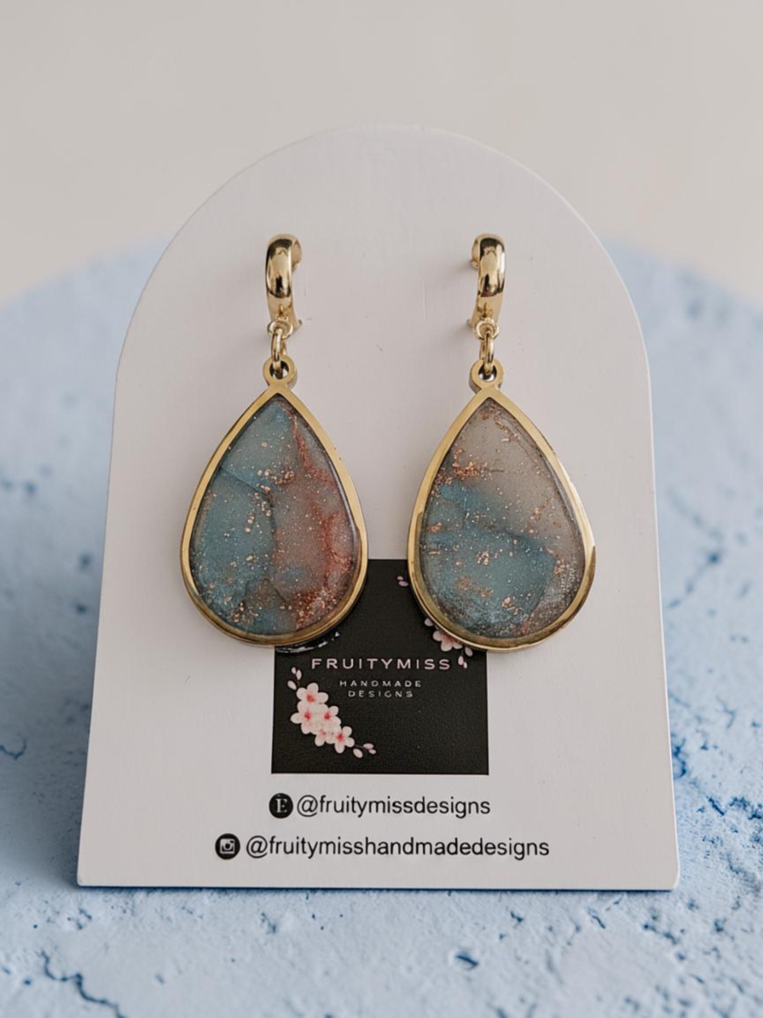 Teardrop Polymer Clay Earrings - Slate Blue and Copper