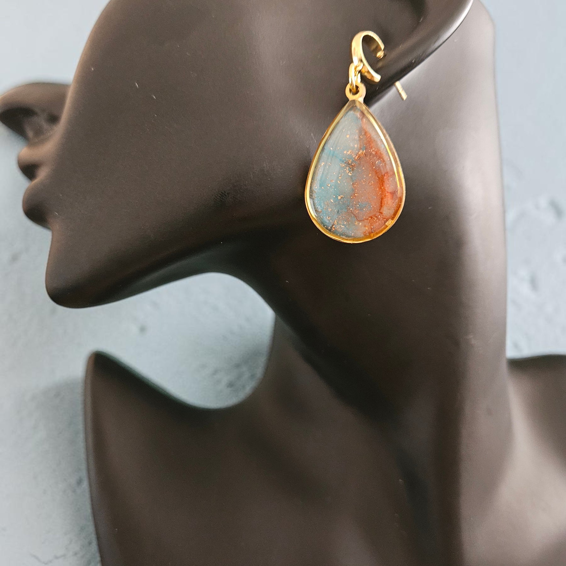 Teardrop Polymer Clay Earrings - Slate Blue and Copper