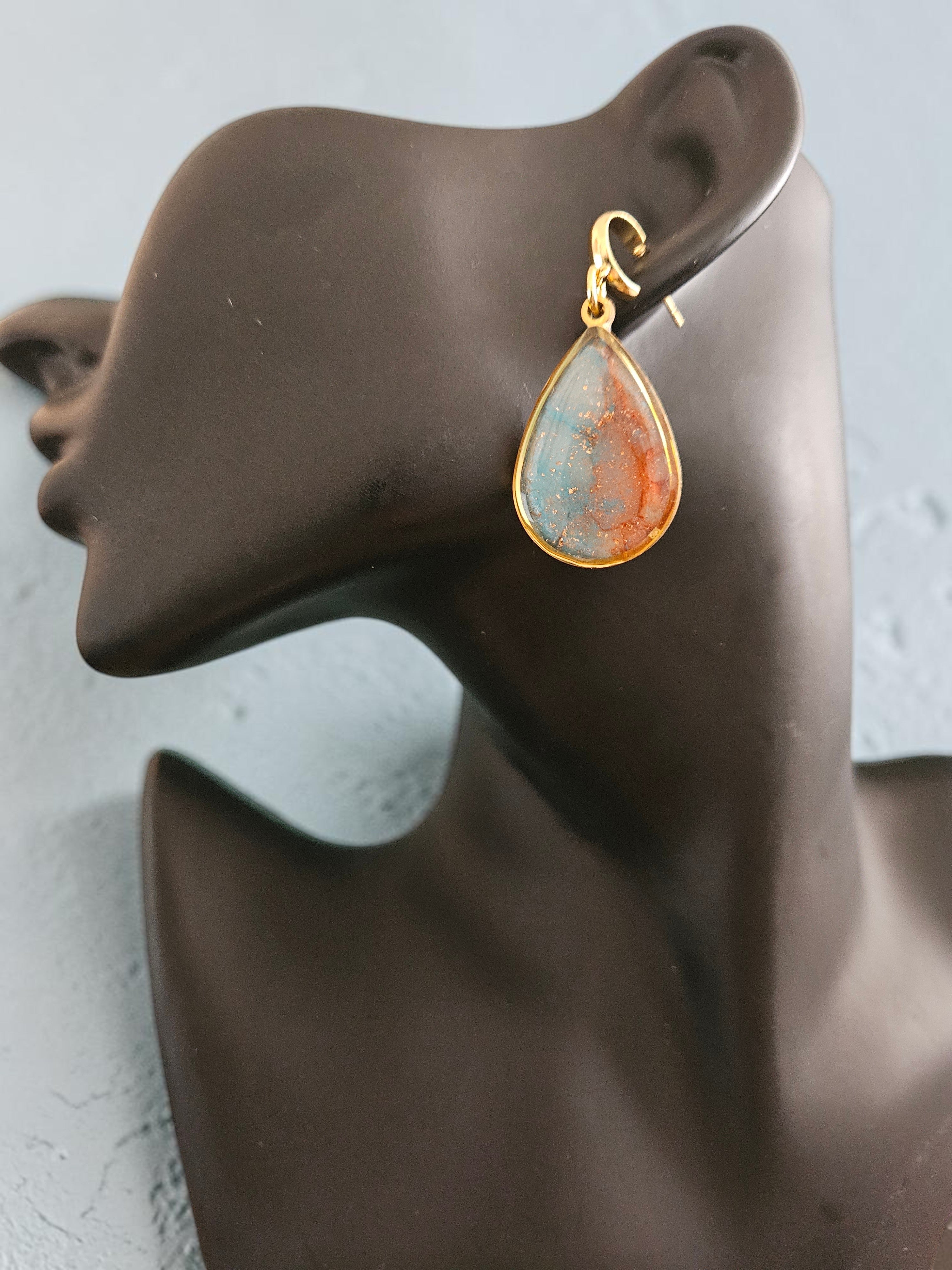 Teardrop Polymer Clay Earrings - Slate Blue and Copper