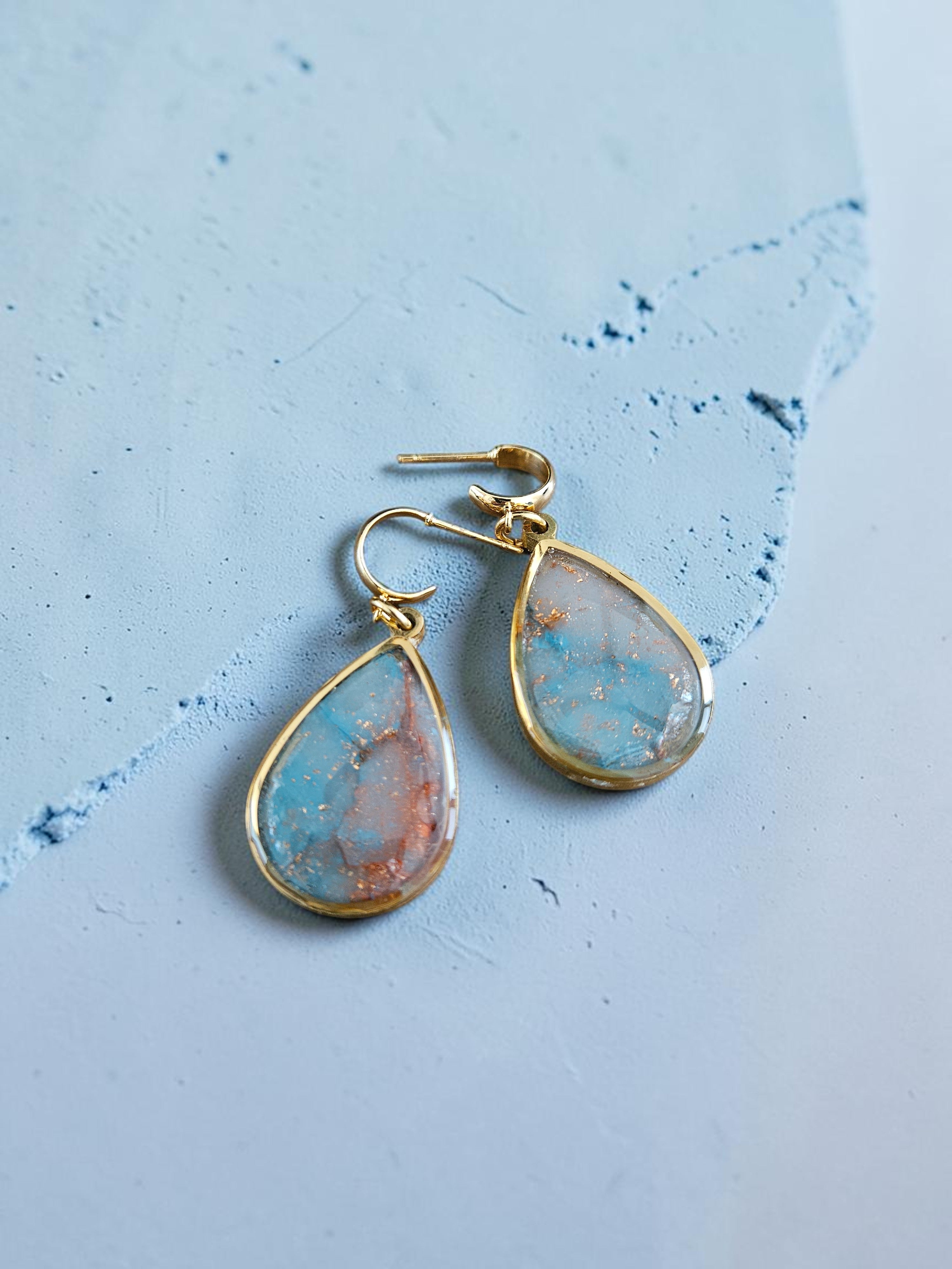 Teardrop Polymer Clay Earrings - Slate Blue and Copper