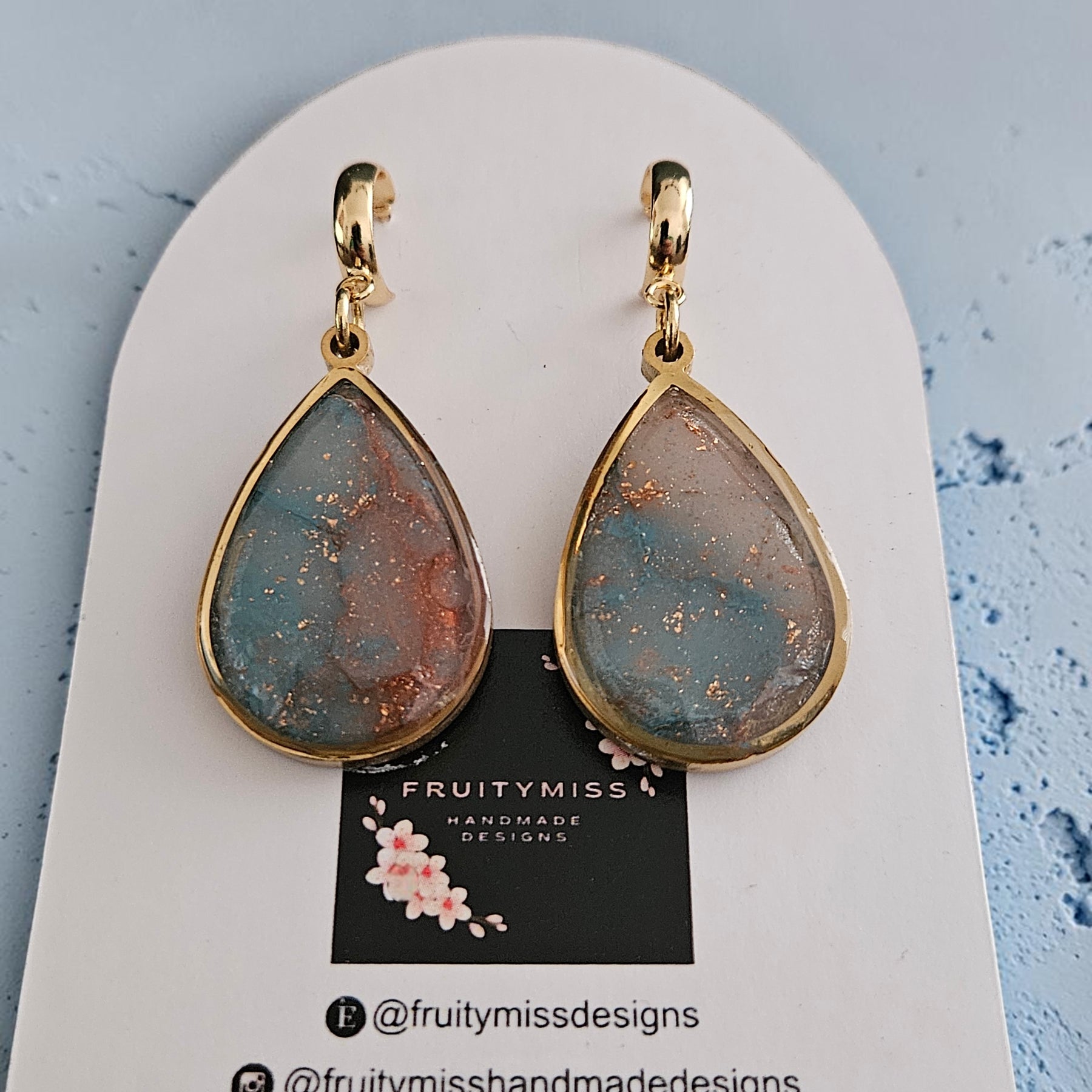 Teardrop Polymer Clay Earrings - Slate Blue and Copper