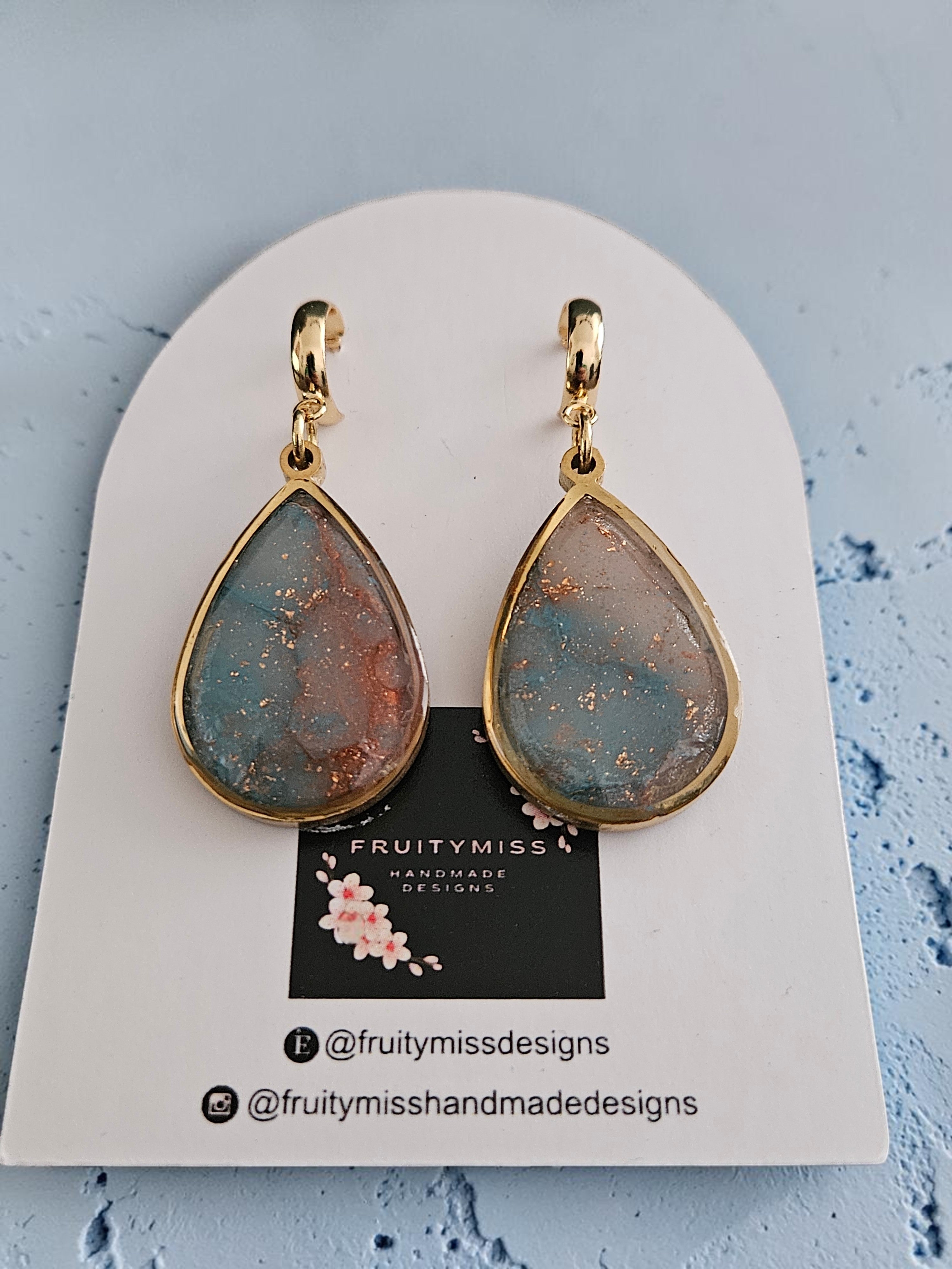 Teardrop Polymer Clay Earrings - Slate Blue and Copper