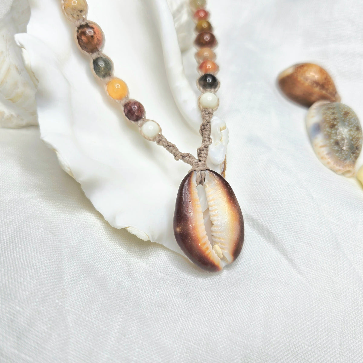 Cowrie Shell and Ocean Agate macrame Necklace