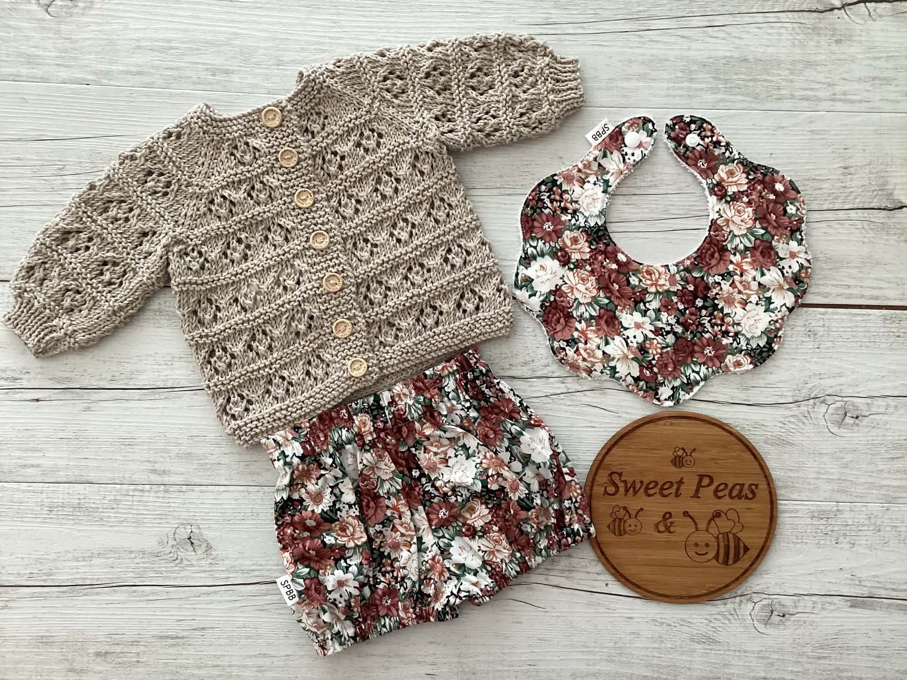 Baby Cardigan, Shorts, Scalloped Bib & Burp Cloth