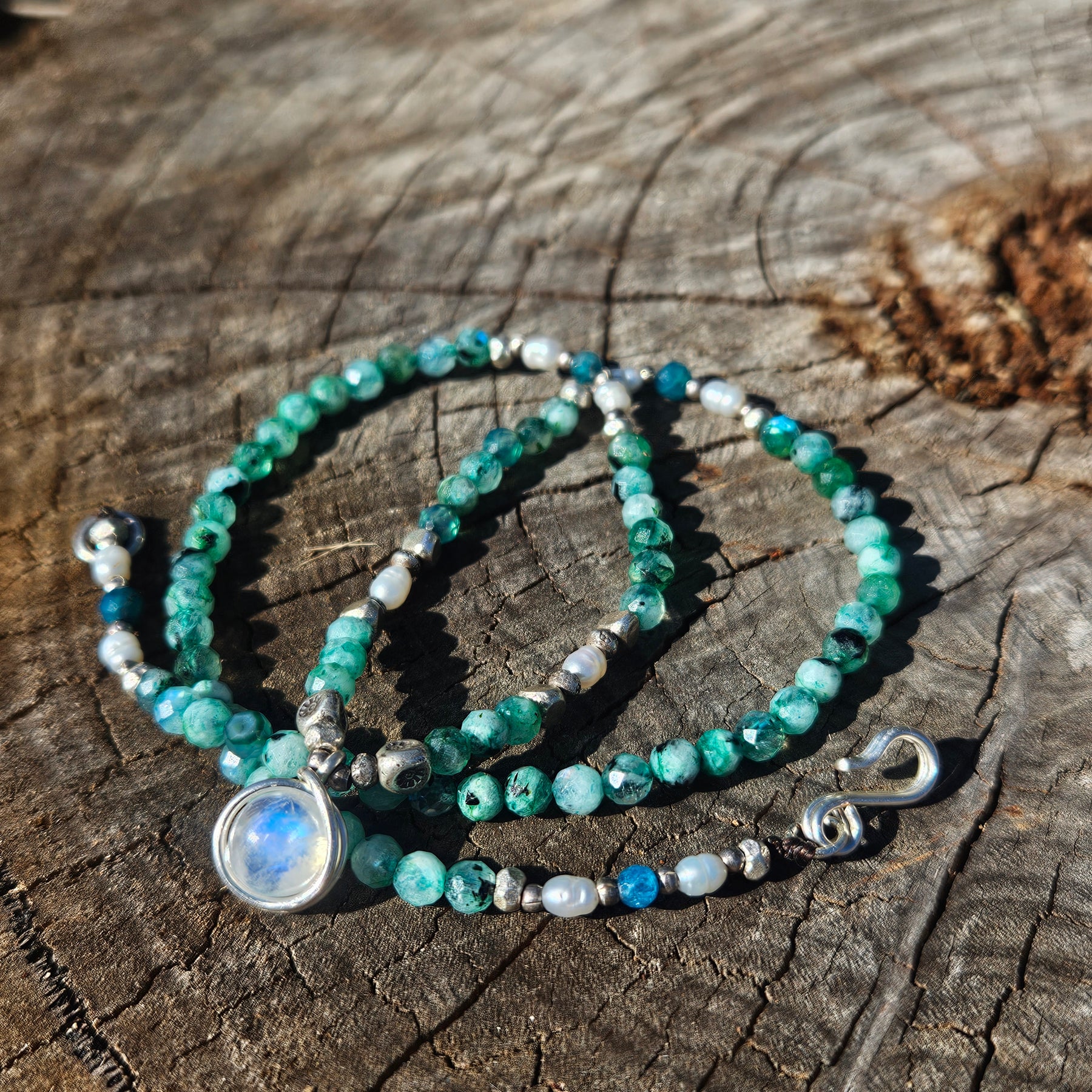 Green Labradorite, Apatite & Moonstone Necklace with Thai Silver & Freshwater Pearls