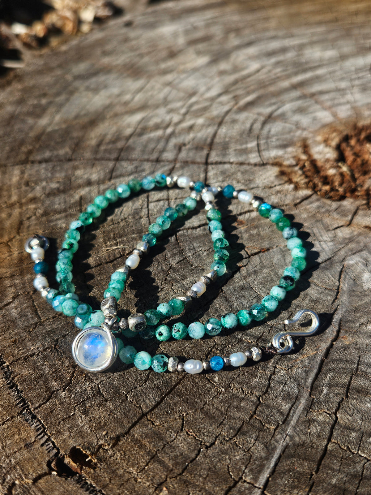 Green Labradorite, Apatite & Moonstone Necklace with Thai Silver & Freshwater Pearls